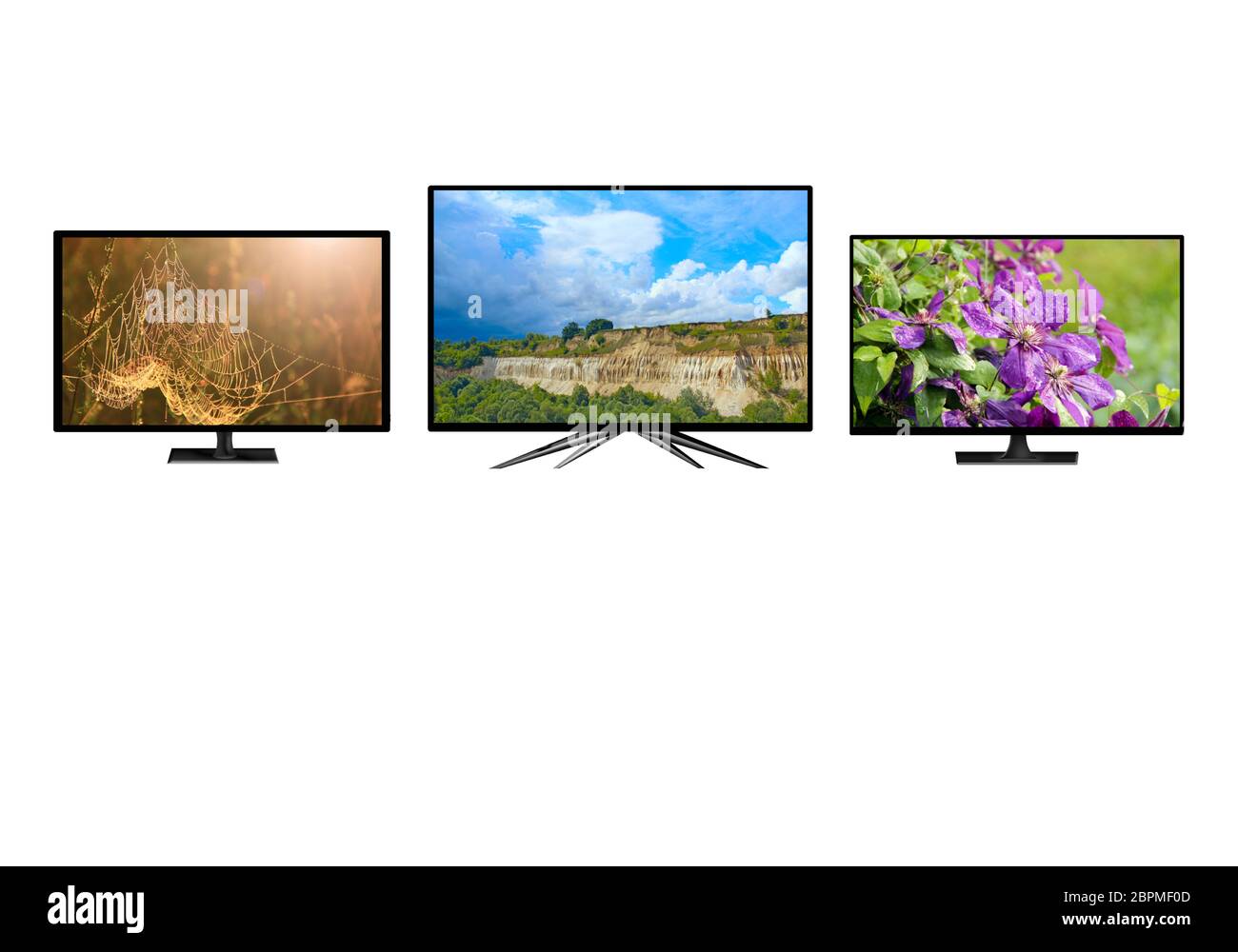 Television monitors isolated on white background. TV monitors showing ...
