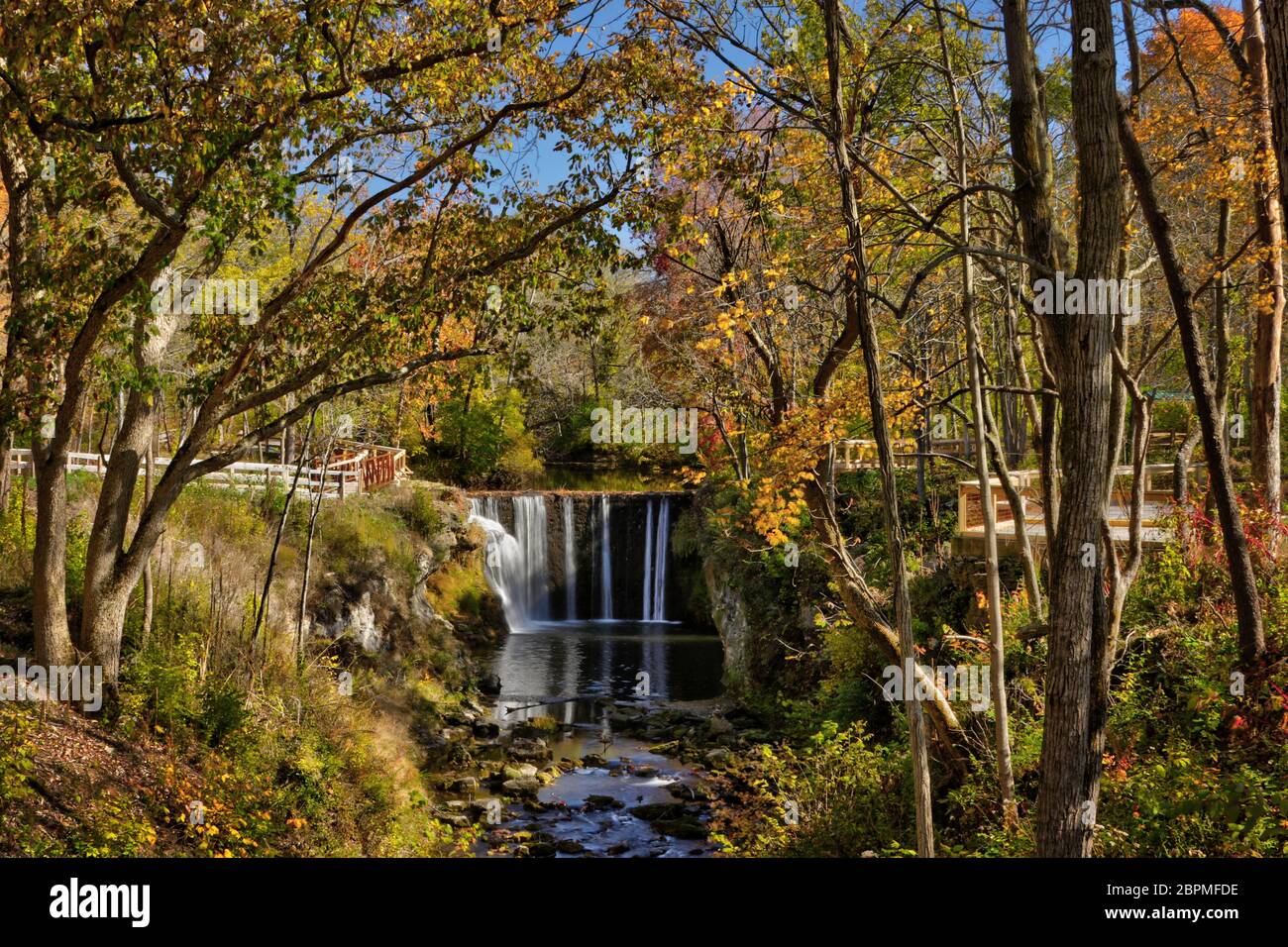 Cedar Cliff Falls on Massie Creek. Autumn. Peterson Park, Indian Mound Reserve, Cedarville, Ohio, USA. High Dynamic Range (HDR) photo processing. Stock Photo