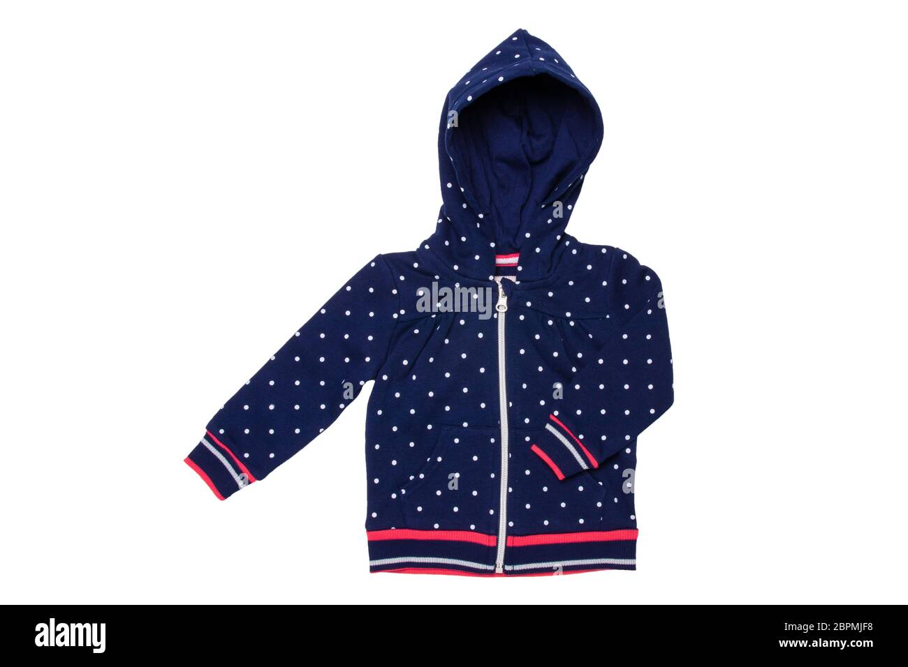 Kids jacket isolated. A stylish fashionable dark blue jacket with white dots and blue lining for the little girl. A sport jacket with hood for jogging Stock Photo