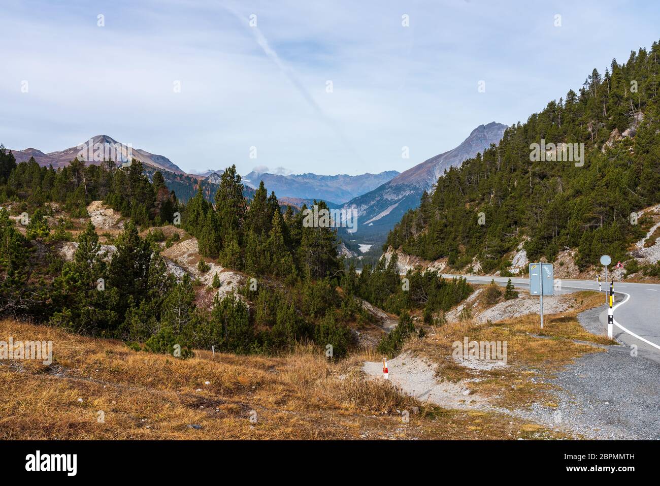 Road to Ofenpass - Fuorn pass in Val Mustair valley of canton Grisons, Graubunden, Switzerland. Stock Photo