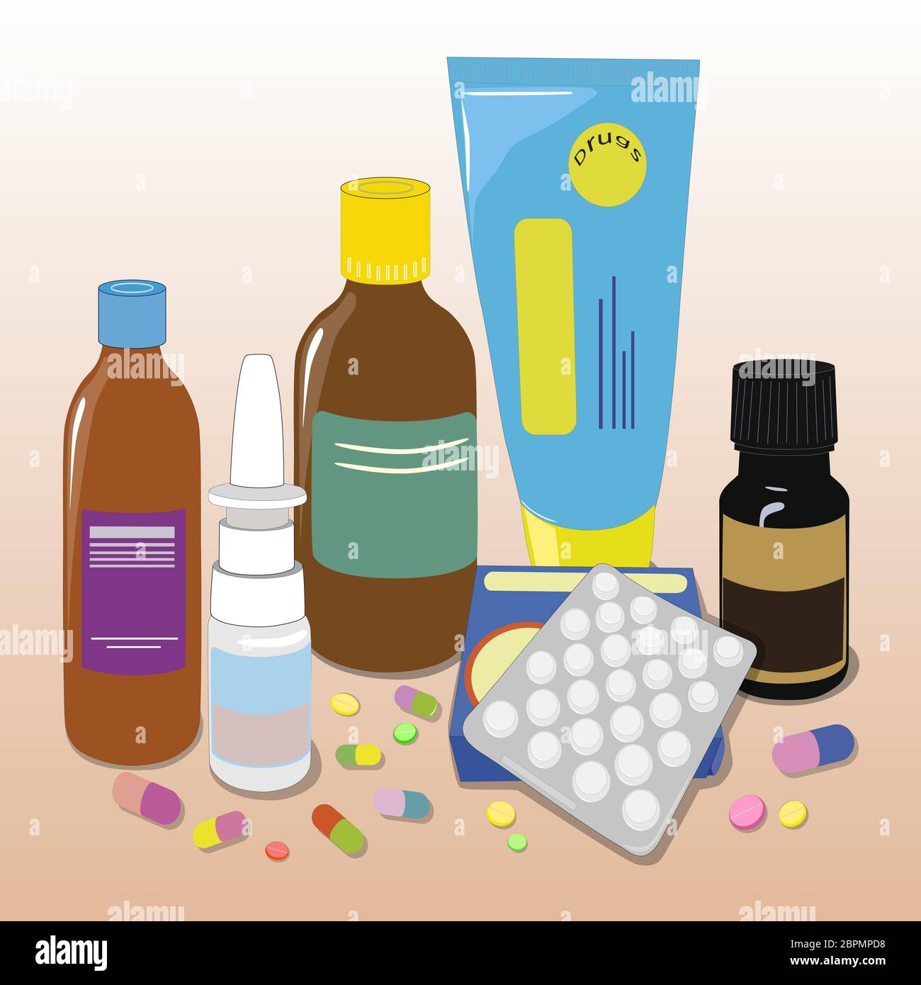 Flat drawing of medicines. Medical tablets and vials. Pharmacy. The concept of medical care