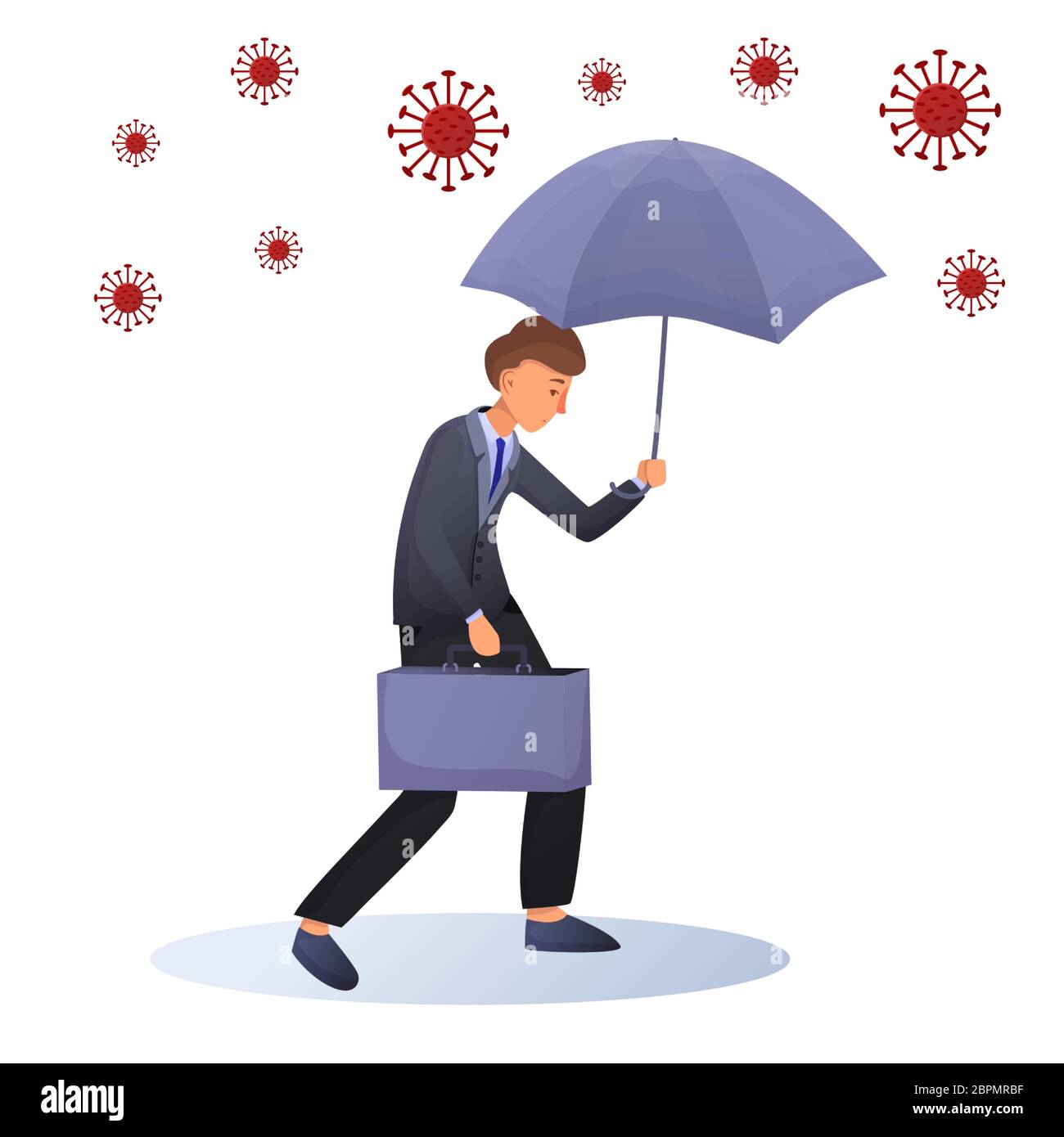 Bussinessman with suitcase under umbrella around viruses. Male cartoon character. Business concept. Virus pandemic. Stock Vector