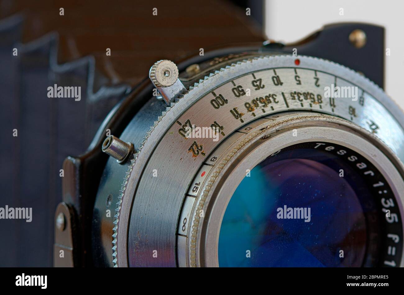 old german camera lens with leaf shutter on a bellows camera produced