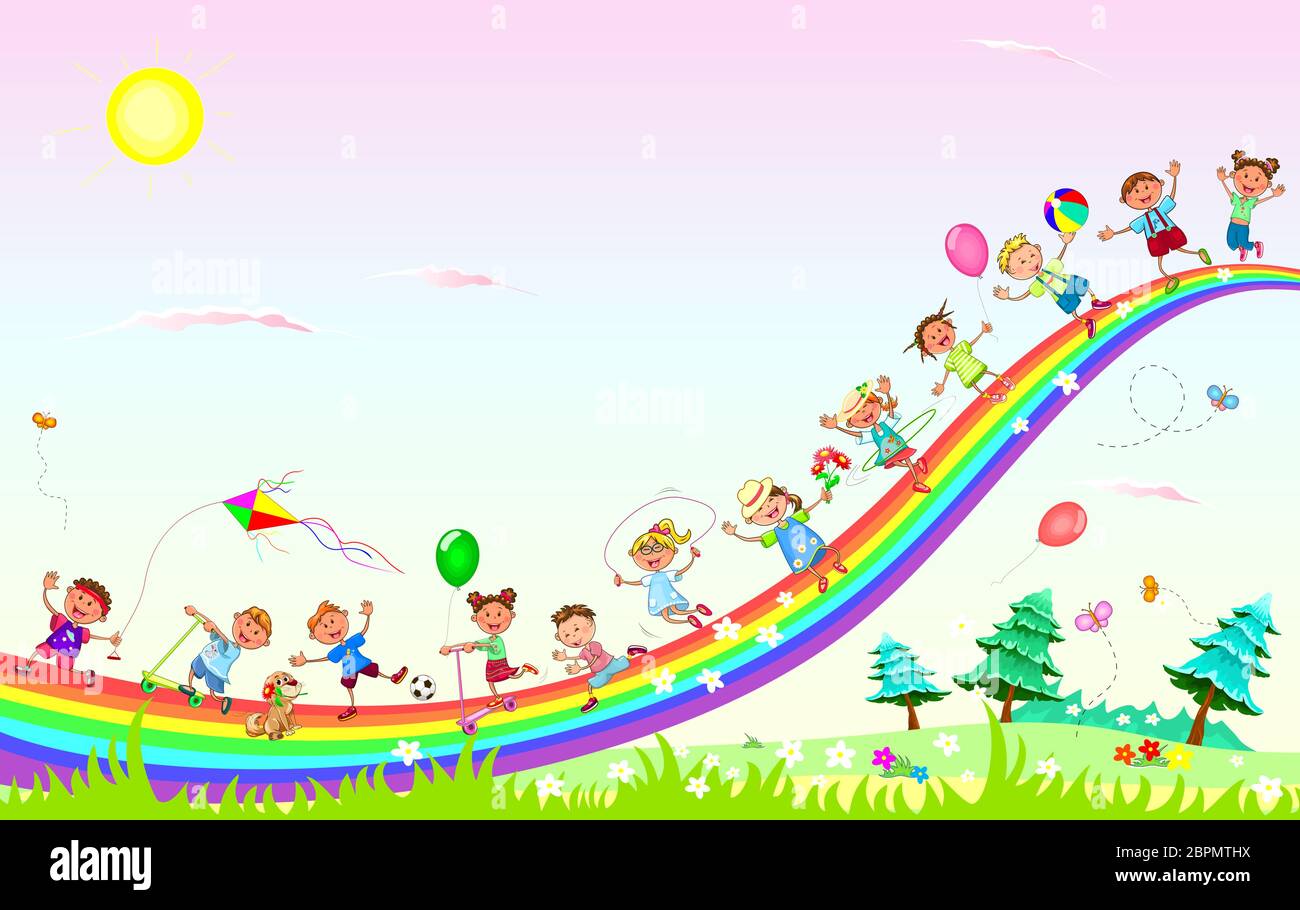 Little children play in nature. Children go down the rainbow. Sky, rainbow, sun. Stock Vector