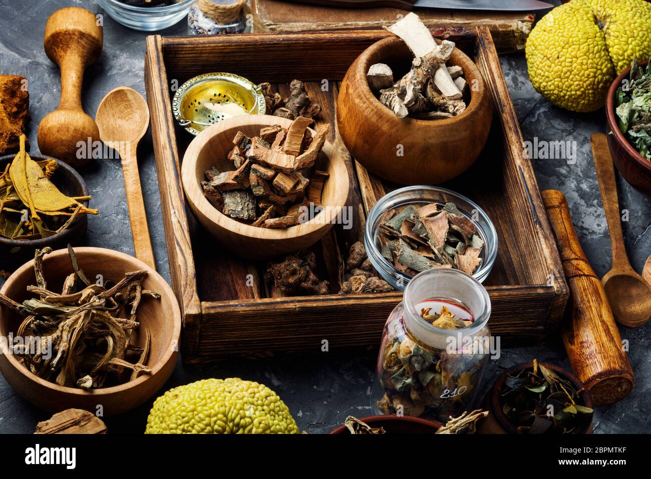 Medicinal herb.Healing herbs and plants .Herbal naturopathic medicine. Stock Photo