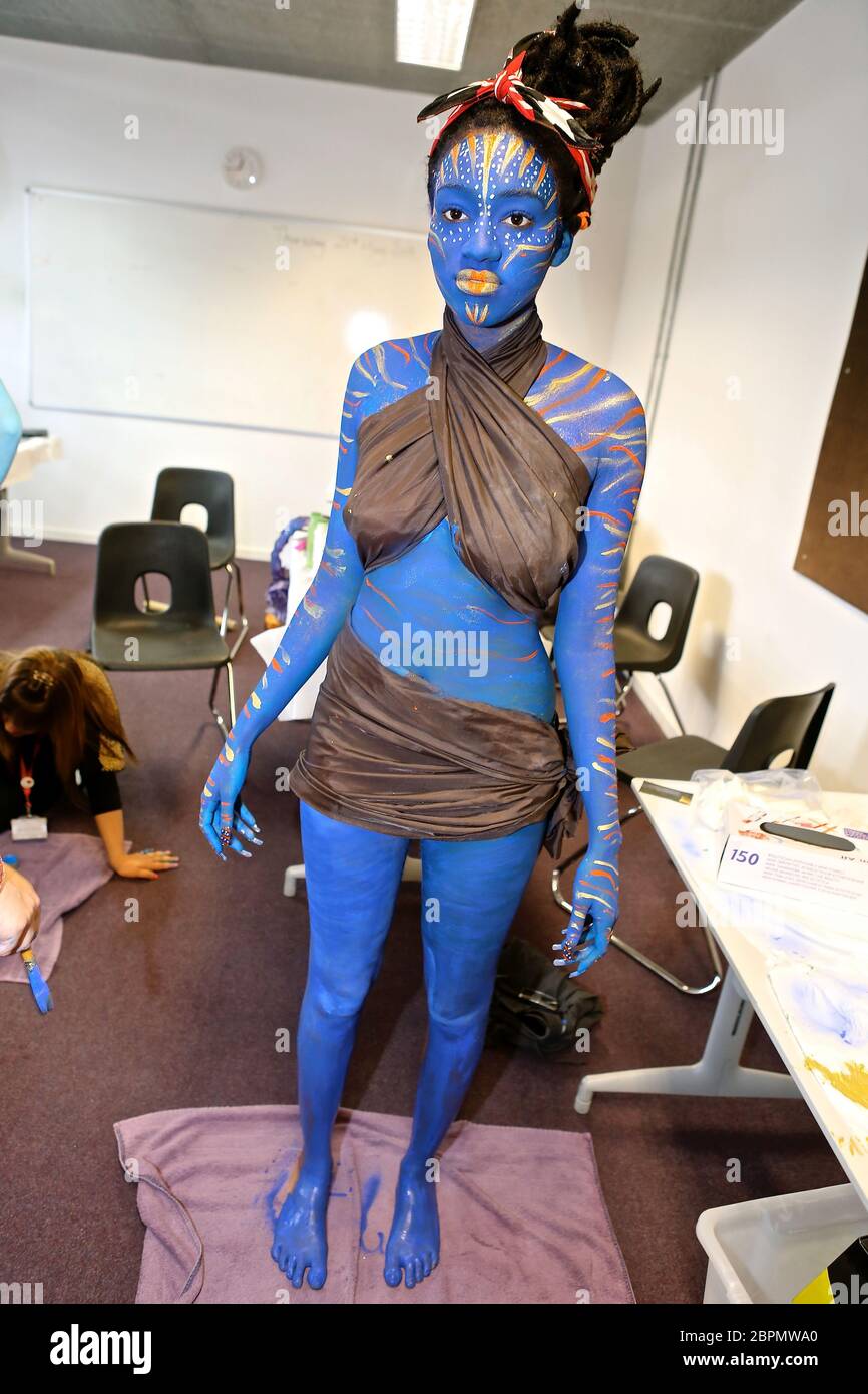 Make up and Body painting to create the Avatar characters at Kings College  for the avatar project  It took lots of work and talent to convert the  models into the humaniod