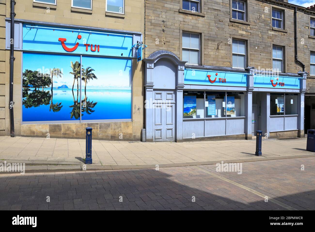 Rear of closed TUI travel agents on Kings Street, during the Coronavirus pandemic, Huddersfield, West Yorkshire, England, UK. Stock Photo