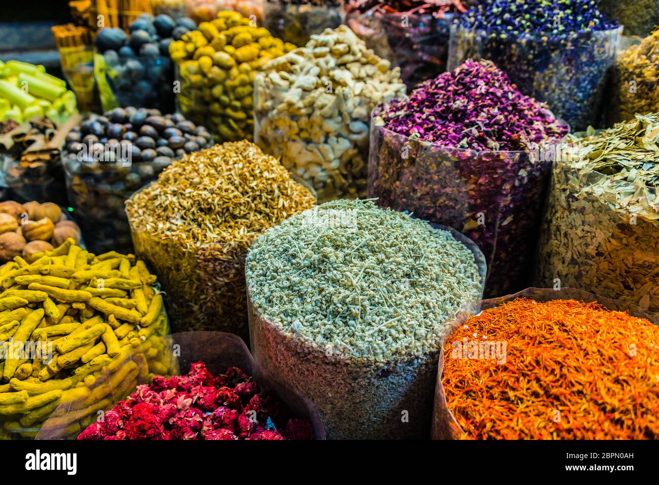 Variety of spices and herbs on the arab street market stall. Dubai