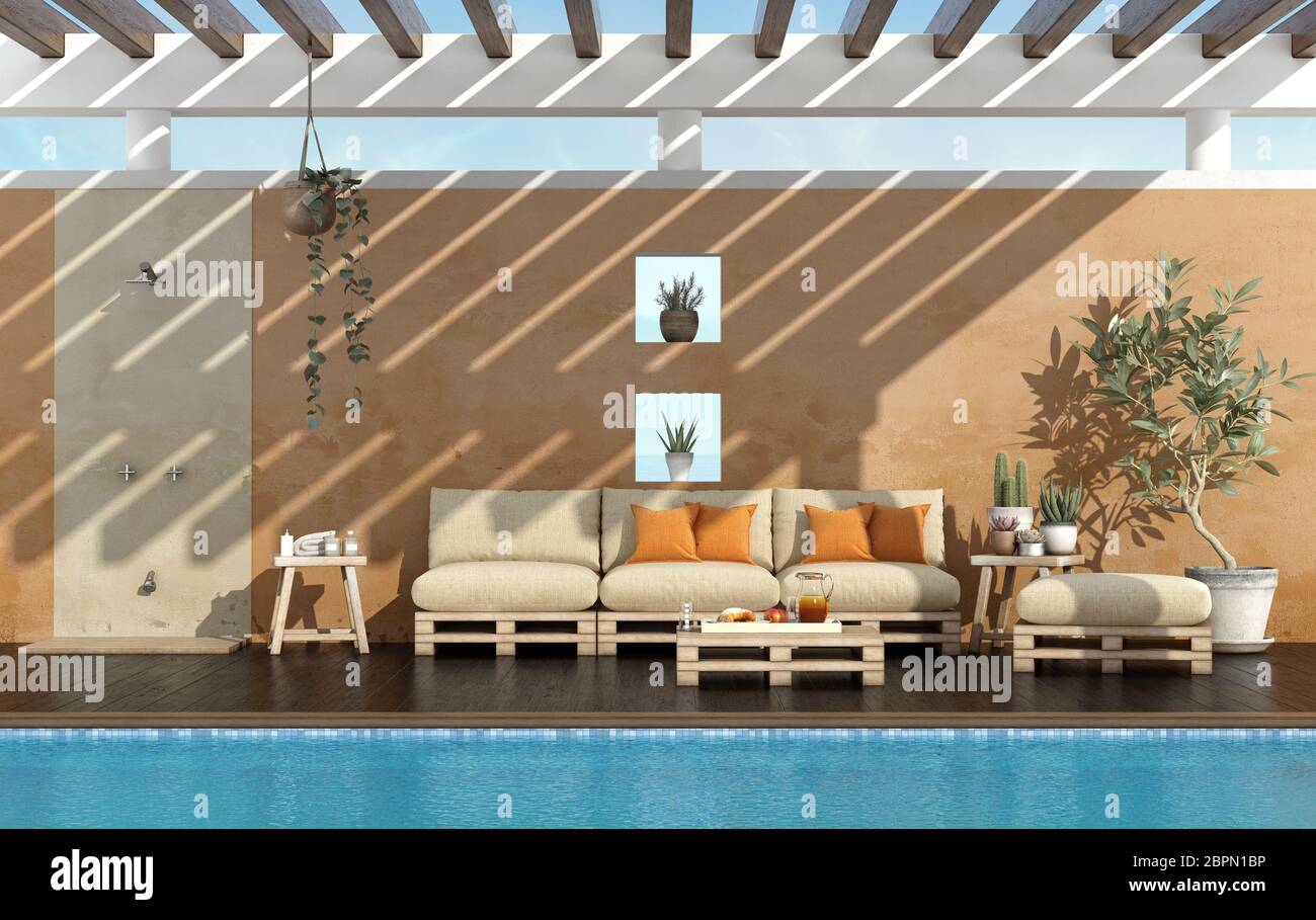 Garden of a summer house with pool and pallet sofa ubder pergola - 3d ...