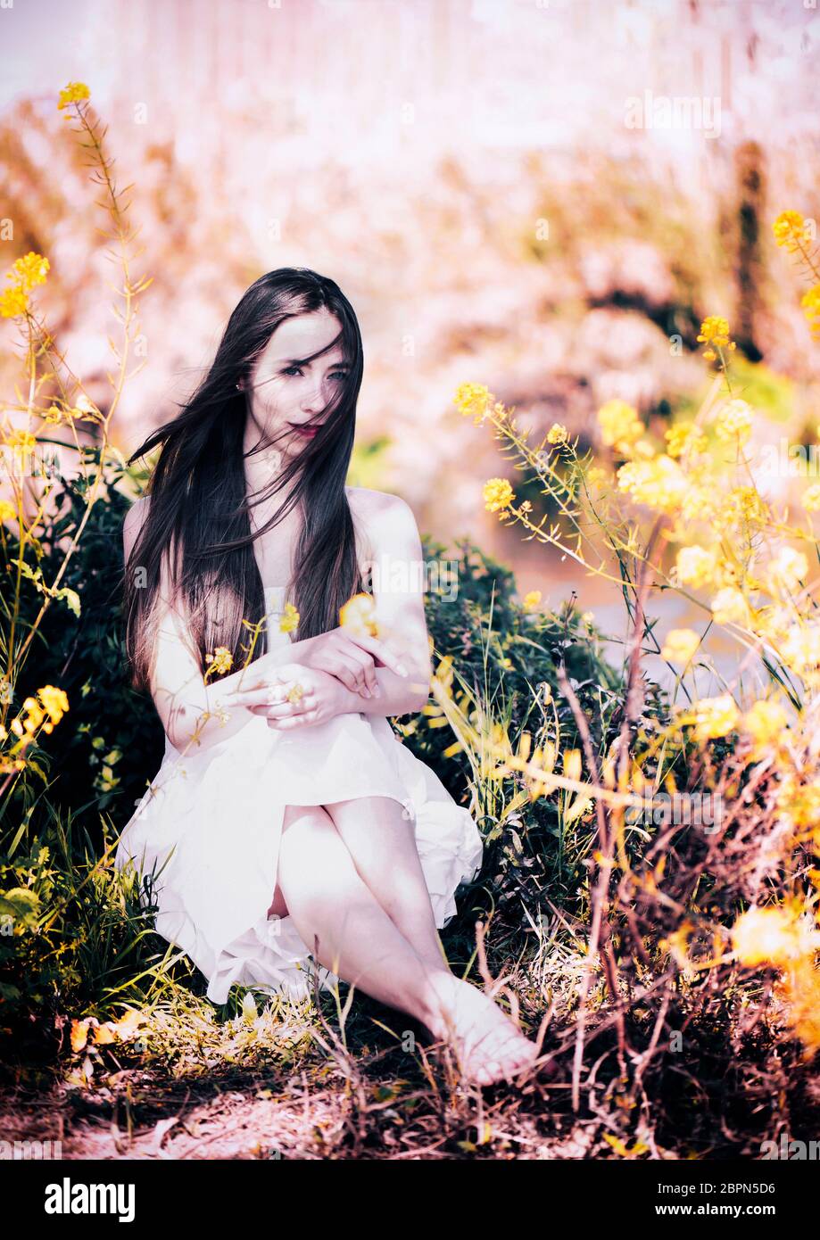 Woman in white dress sitting hi-res stock photography and images - Alamy