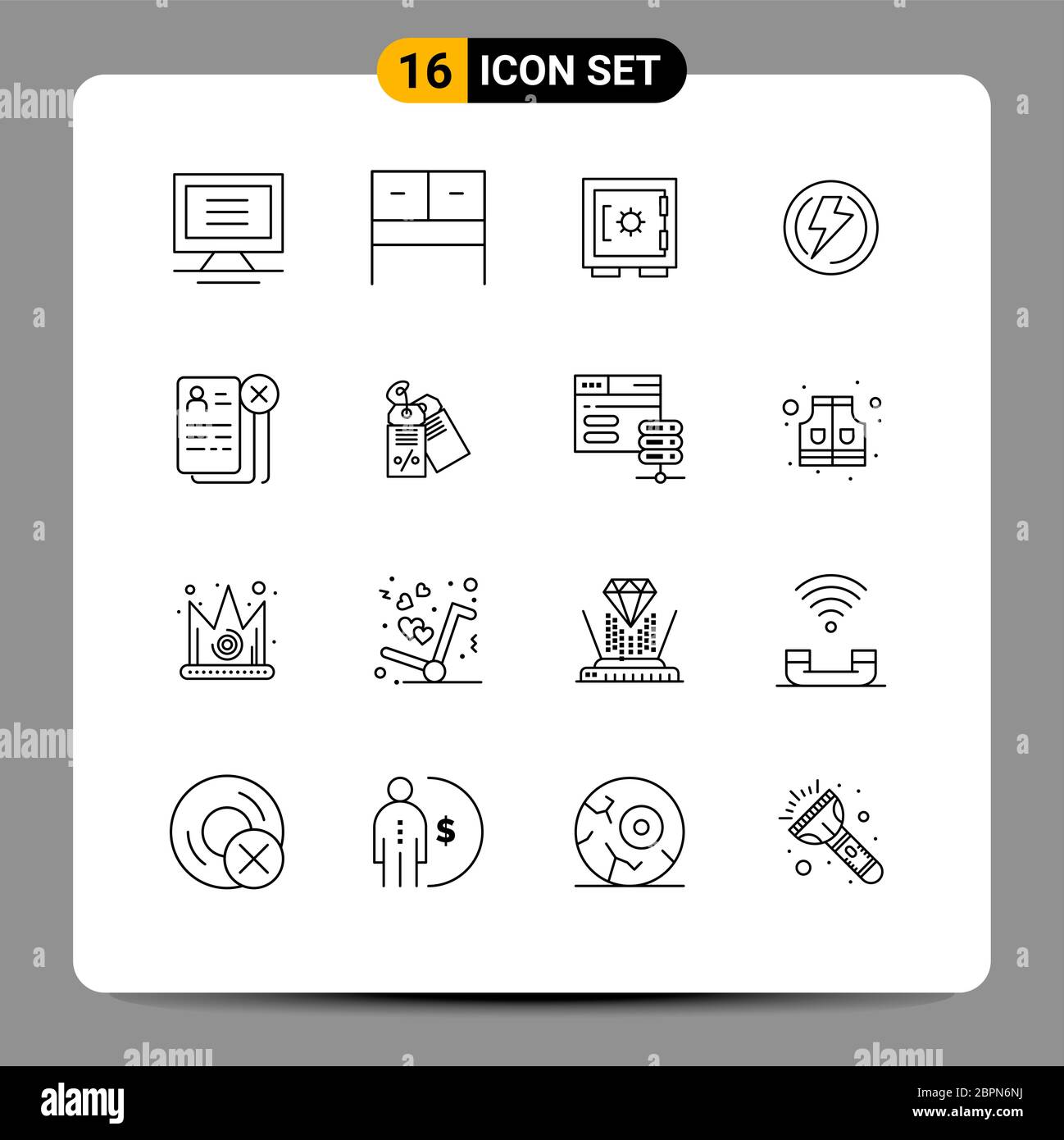 Pictogram Set of 16 Simple Outlines of cv, business, security, power, voltage Editable Vector Design Elements Stock Vector