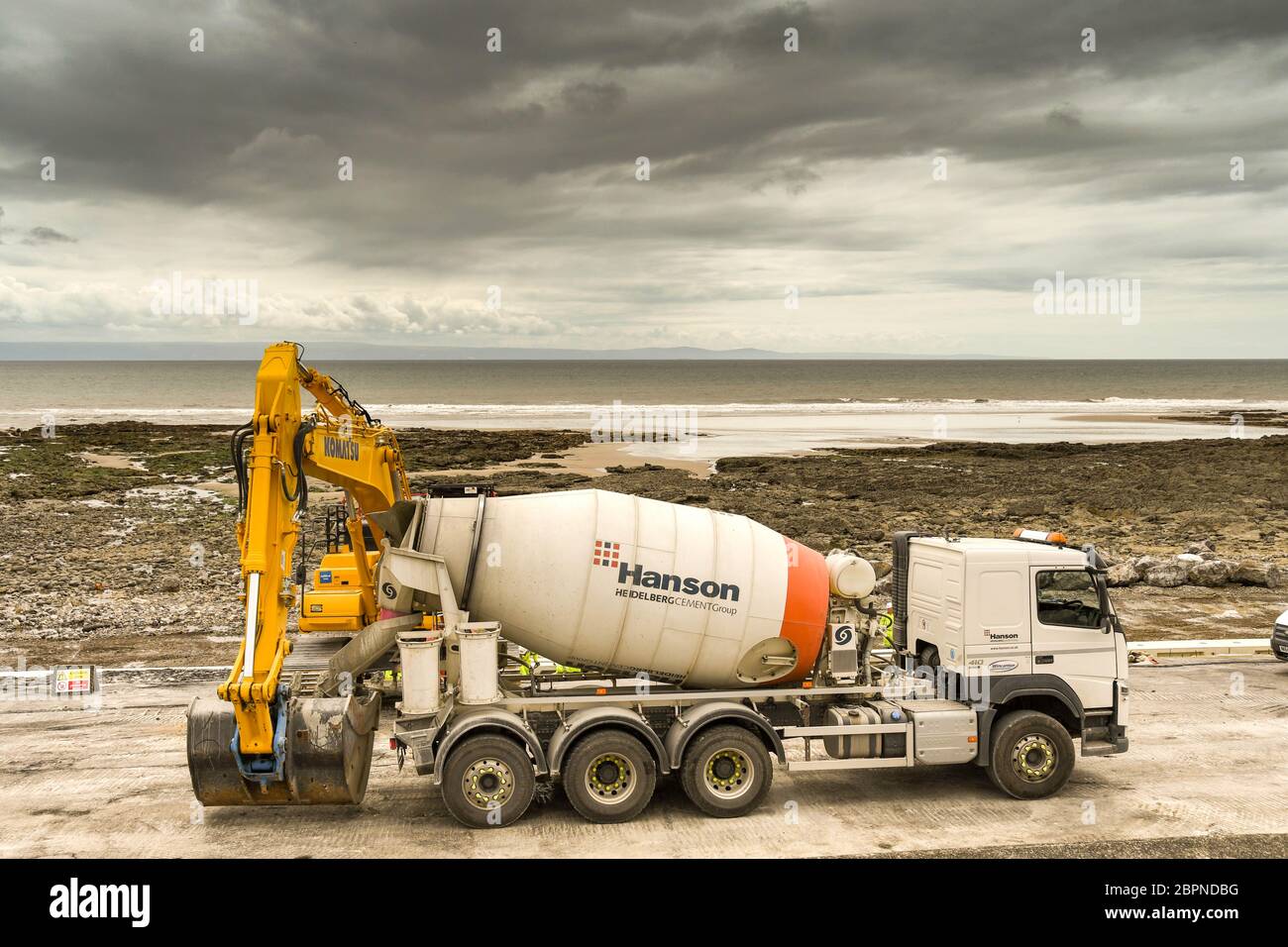 PORTHCAWL, WALES JUNE 2018 Concrete mixer unloading ready mixed
