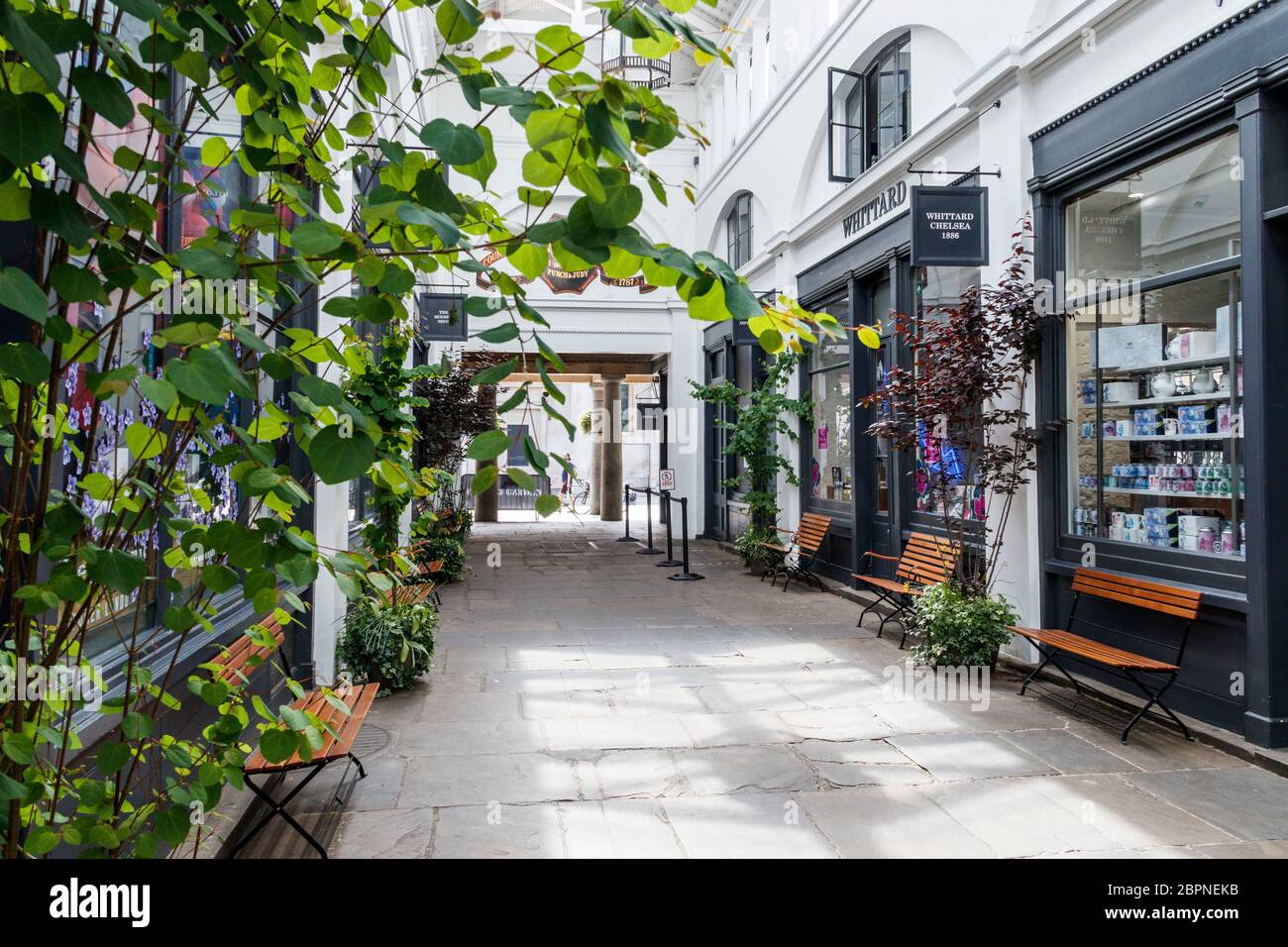 Closed shops in Covent Garden Market, normally busy, almost deserted on a weekend during the coronavirus pandemic lockdown, London, UK Stock Photo