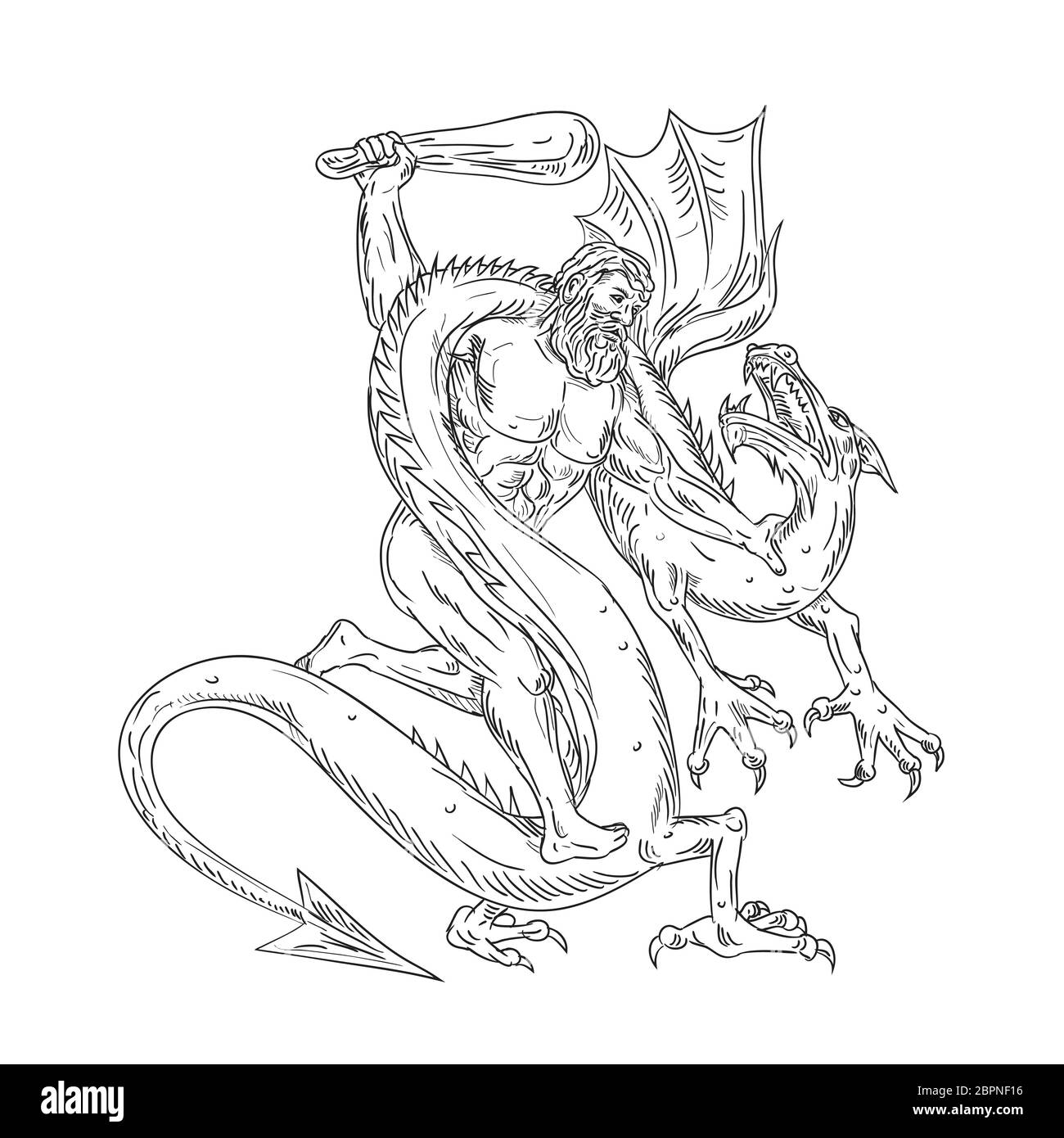 Drawing sketch style illustration of Hercules, a Roman hero and god the equivalent of the Greek divine hero Heracles, grappling a medieval dragon on i Stock Photo