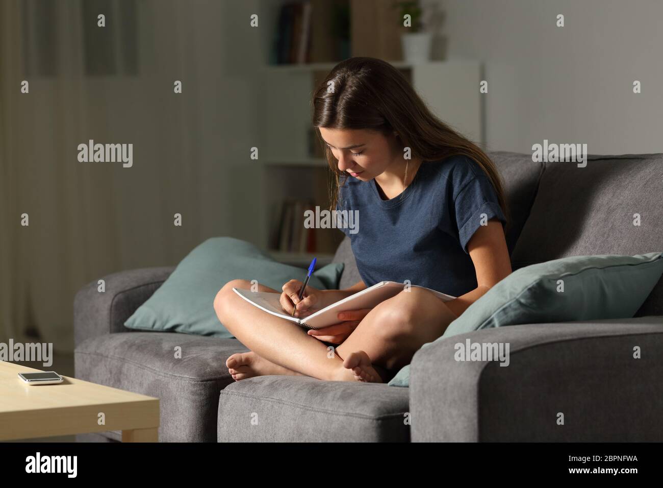 Full body portrait of a student taking notes in the night sitting on a ...