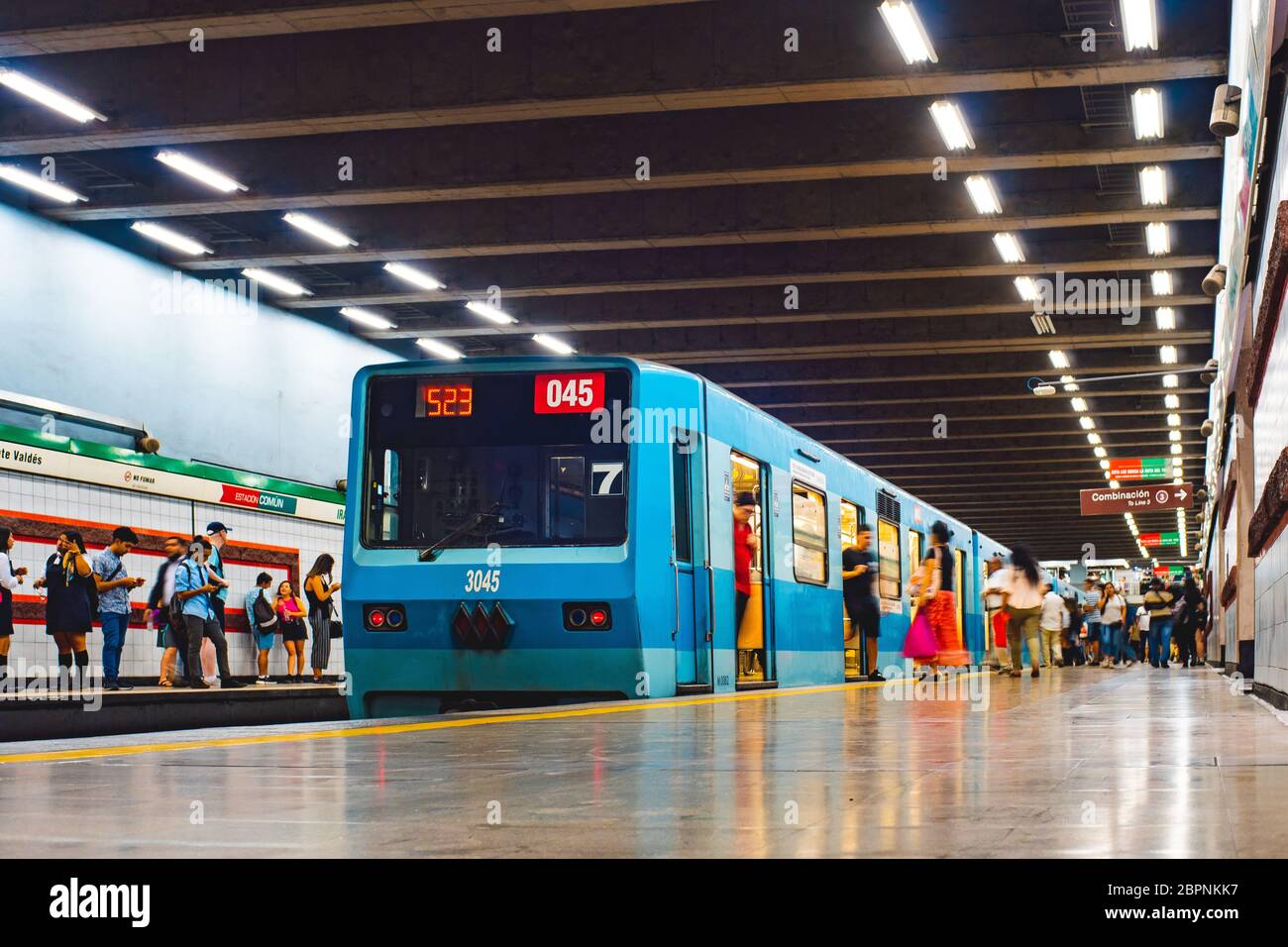 sANTIAGO, CHILE - MARCH 2020: A metro de Santiago train at Irarrázaval station of Line 5 Stock Photo