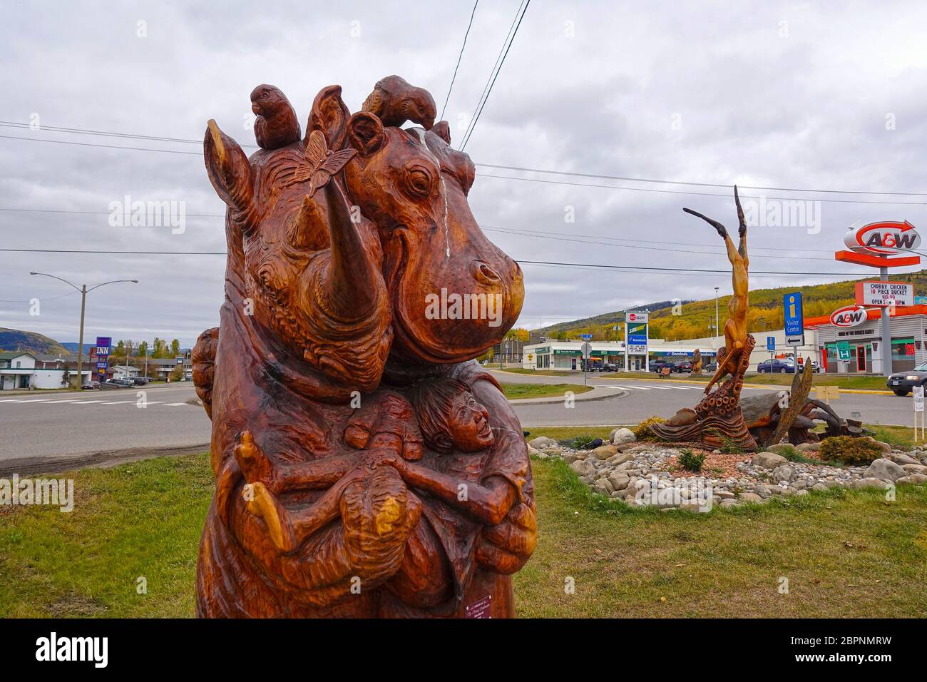 CHETWYND, BC, CANADA -SEPTEMBER 29, 2018: Wood carving “The Strong Combination' by Takao Hayashi”, Chainsaw Carving Competition. Publicly exhibited Stock Photo