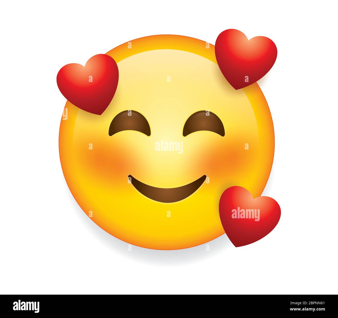 High quality emoticon on white background. Emoji blushing in love with red hearts. A yellow face emoji in love with closed eyes.Popular chat elements. Stock Vector