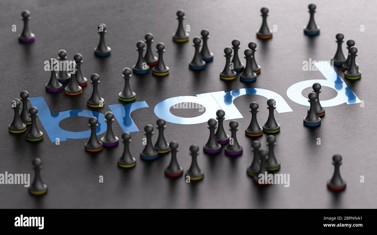 3D illustration of a brand name with pawns surrounding it over black background. Marketing and customer loyalty concept. Stock Photo