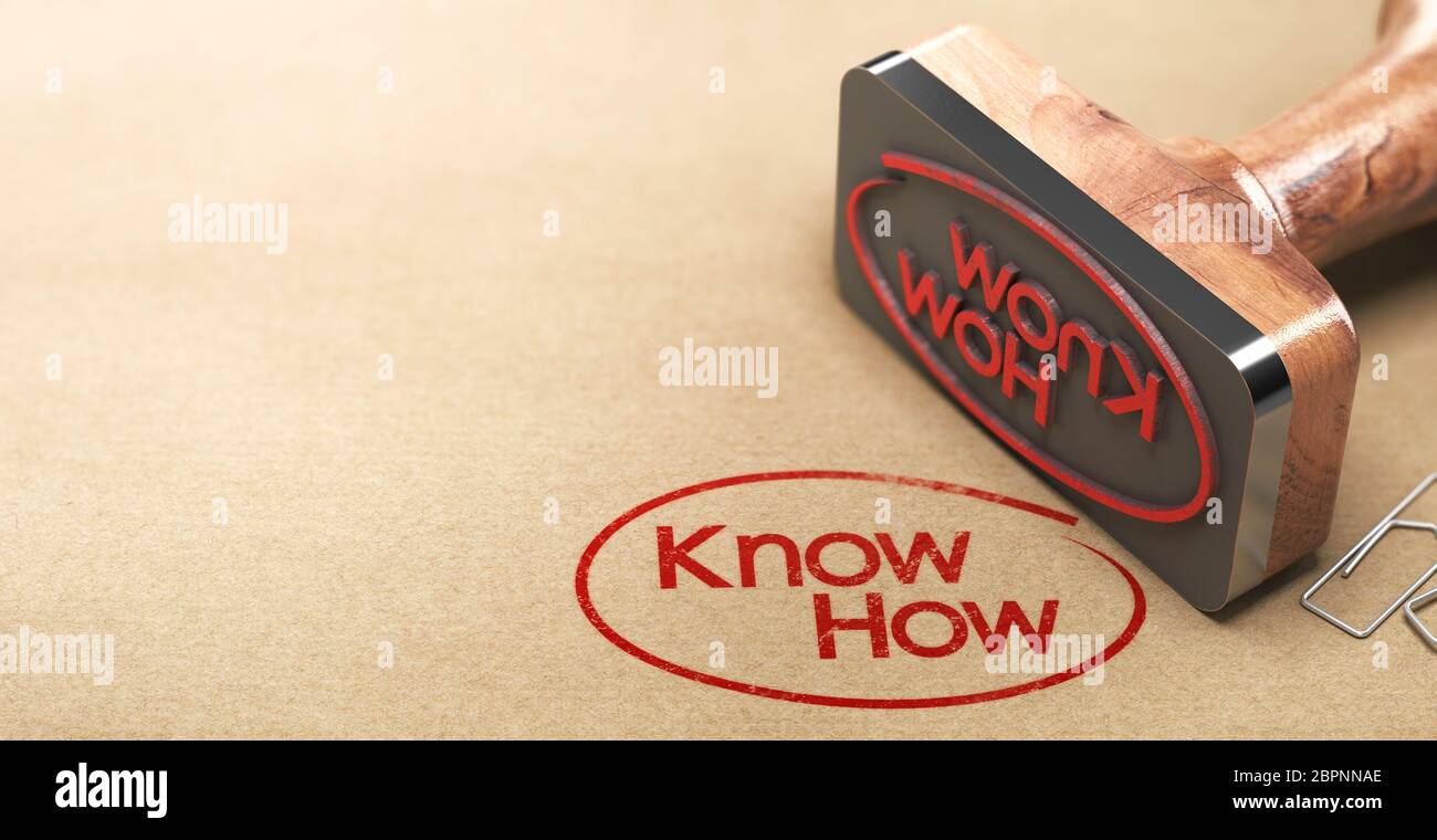 3D illustration of a rubber stamp with the text know-how printed on paper background, Skill concept. Stock Photo