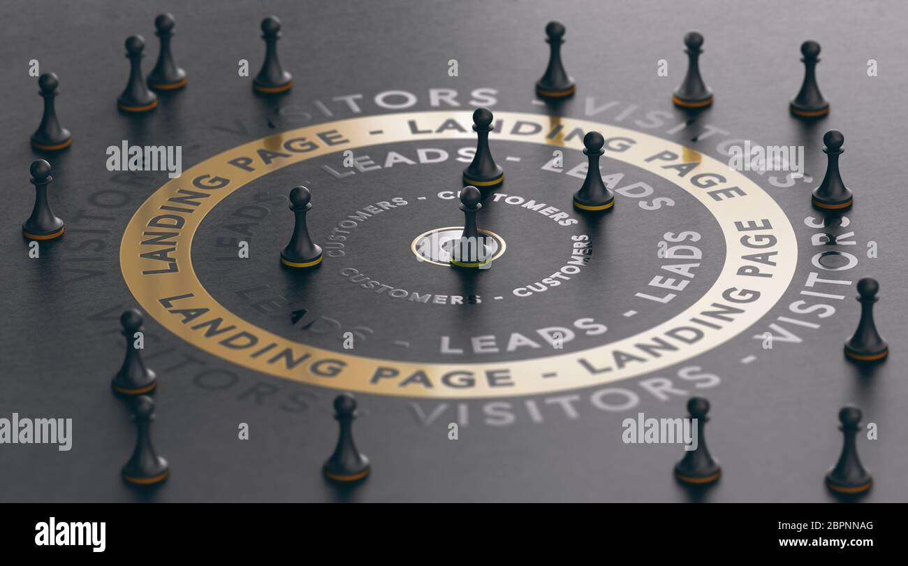 3d illustration of an inbound marketing concept with pawns around a golden landing page over black background. Modern design. Stock Photo