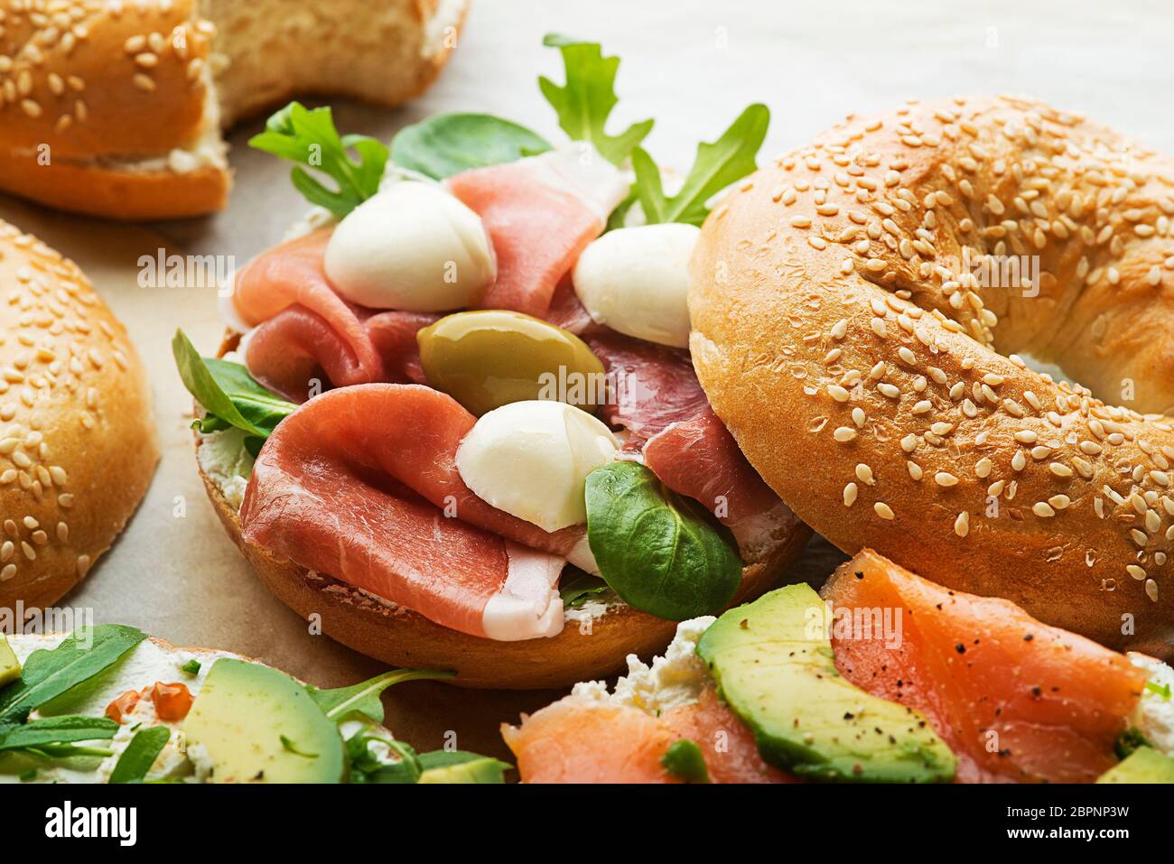 Bagel sandwich with prosciutto and mozzareela cheese. Healthy food