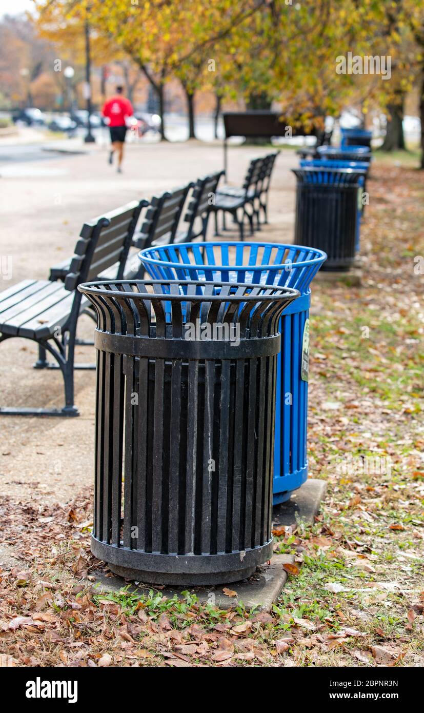 trash cans, recycling, and benches Stock Photo Alamy