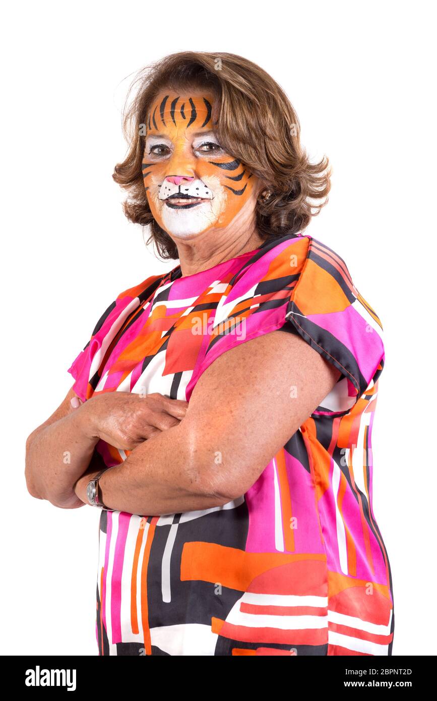 Grandmother with animal face-paint isolated in white Stock Photo