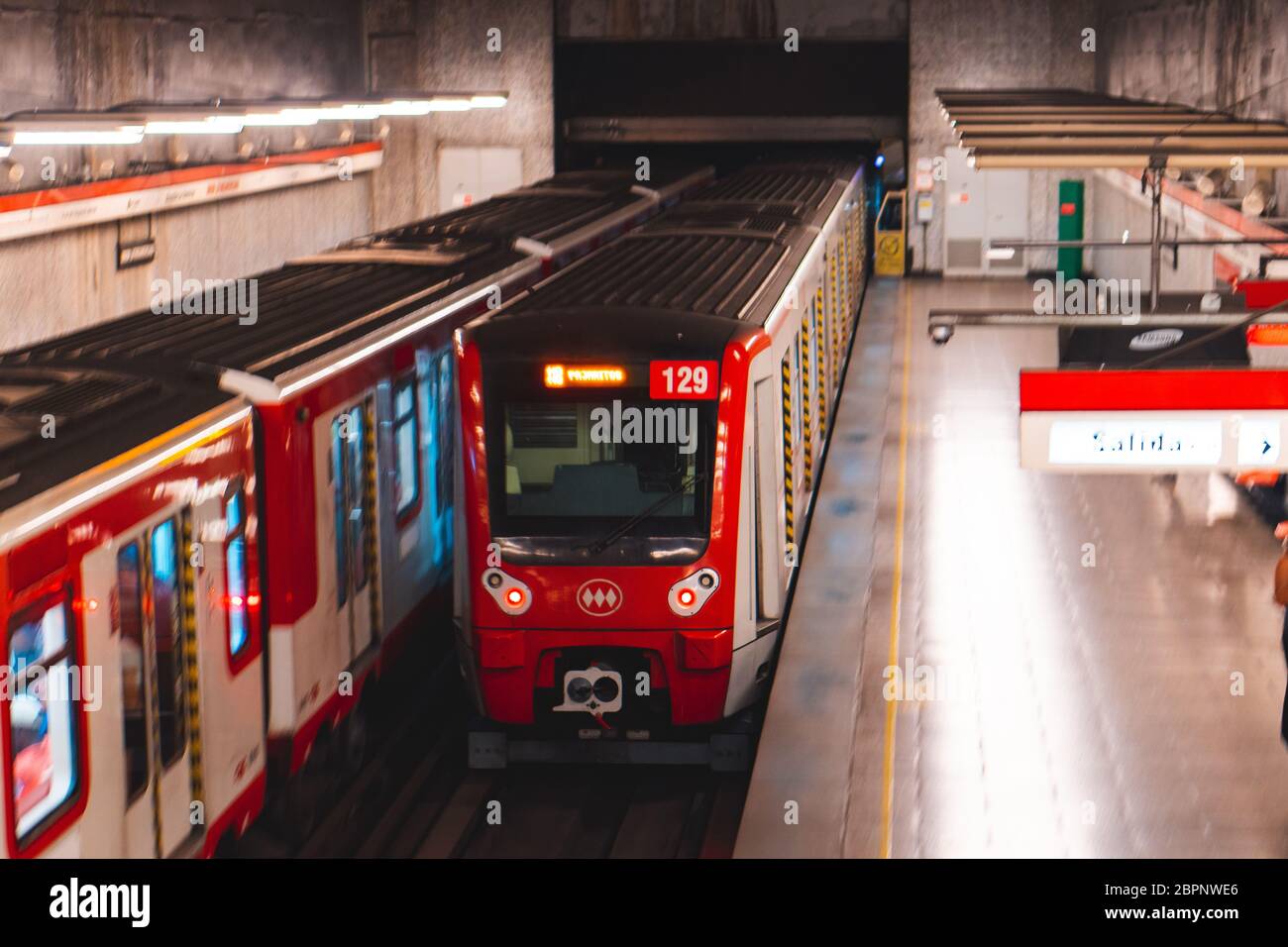 SANTIAGO, CHILE - MARCH 2020: A Metro de Santiago train at Unión Latinoamericana station of Line 1 Stock Photo
