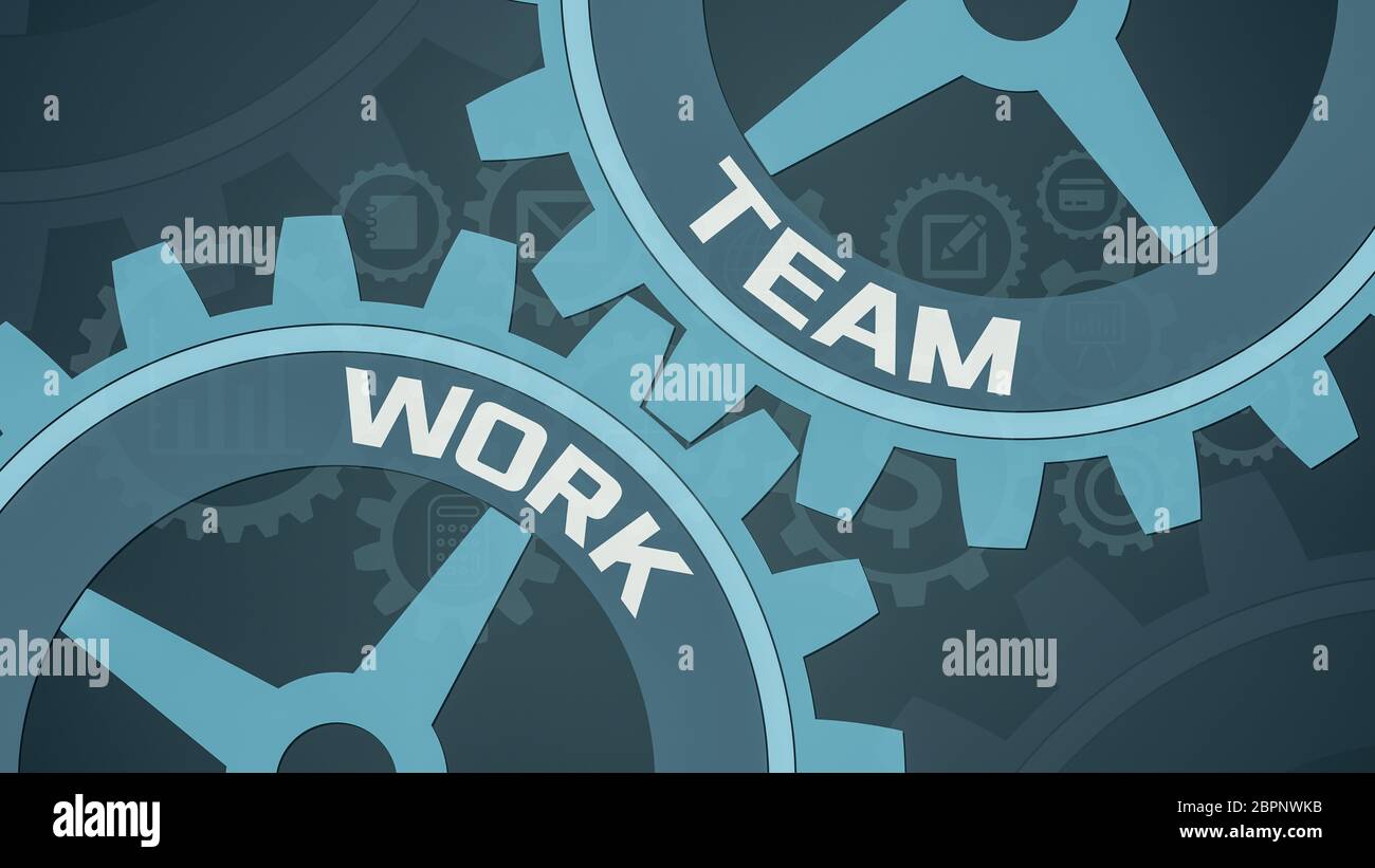 closeup view of two cogwheels with the words: team and work, other ...
