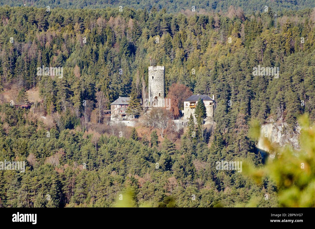 view to the castle Klamm in the forest area of Obsteig in Tirol, Austria Stock Photo