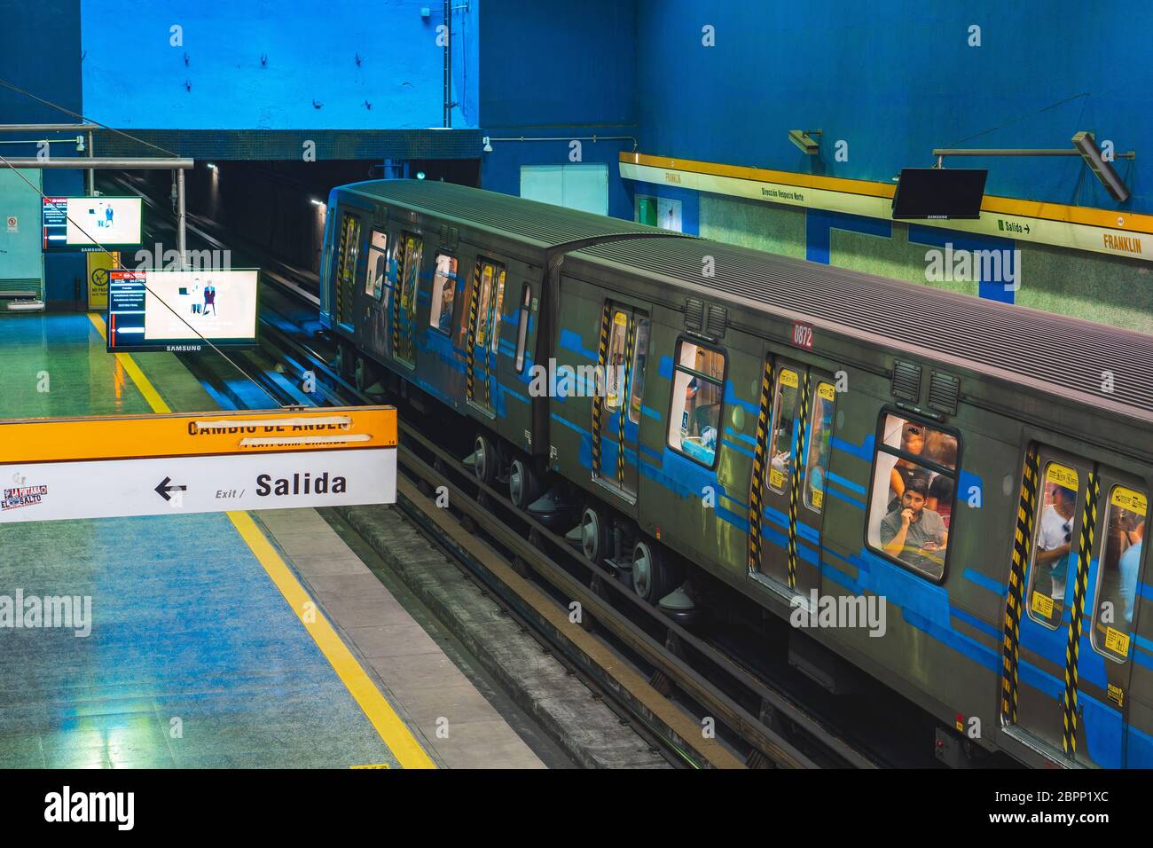SANTIAGO, CHILE - JANUARY 2020: A Metro de Santiago train at Franklin station Stock Photo