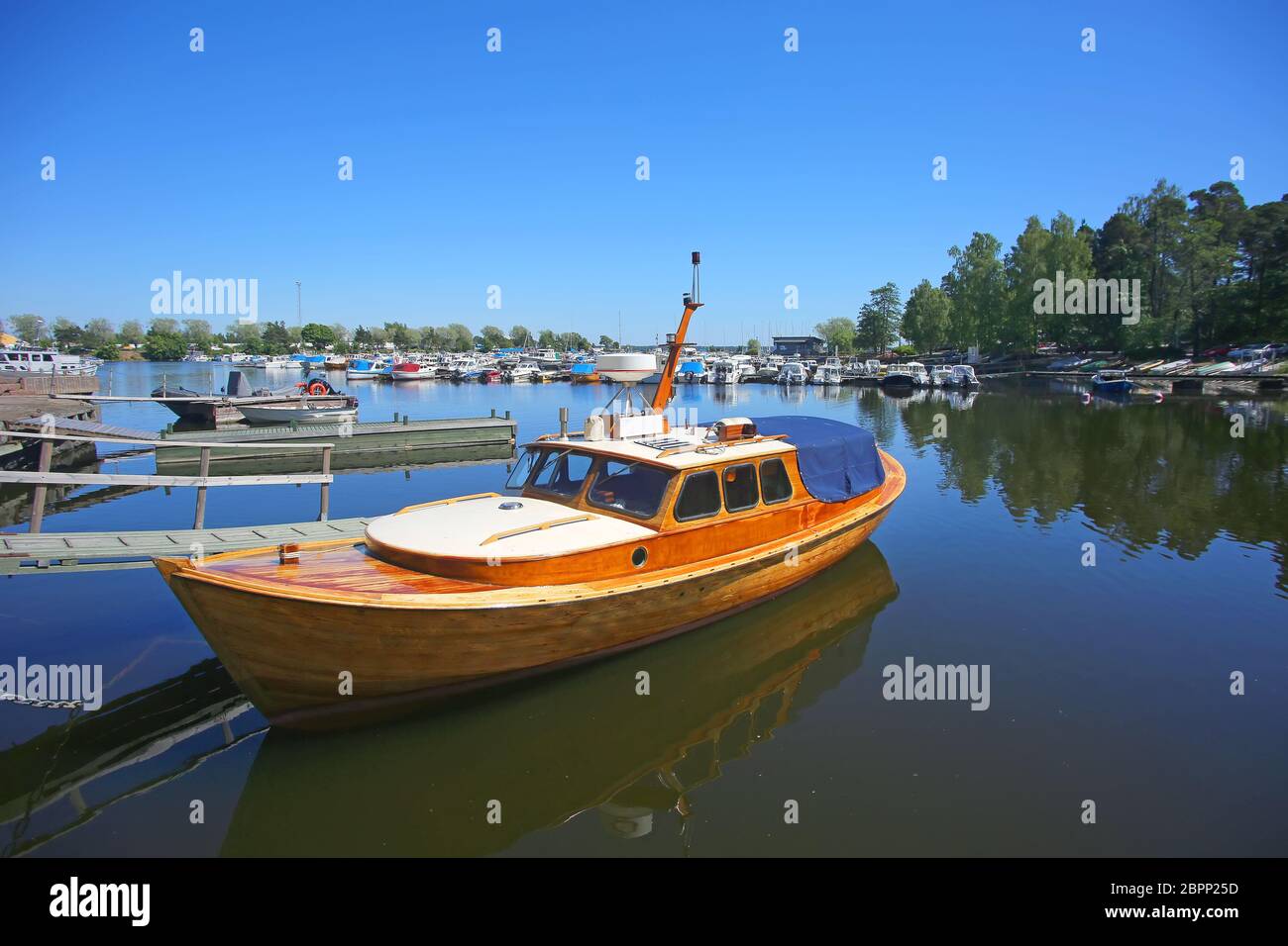 Traditional wooden fishing boats in Sapokka Marina, Kotka, Kymenlaakso province, Finland. Stock Photo