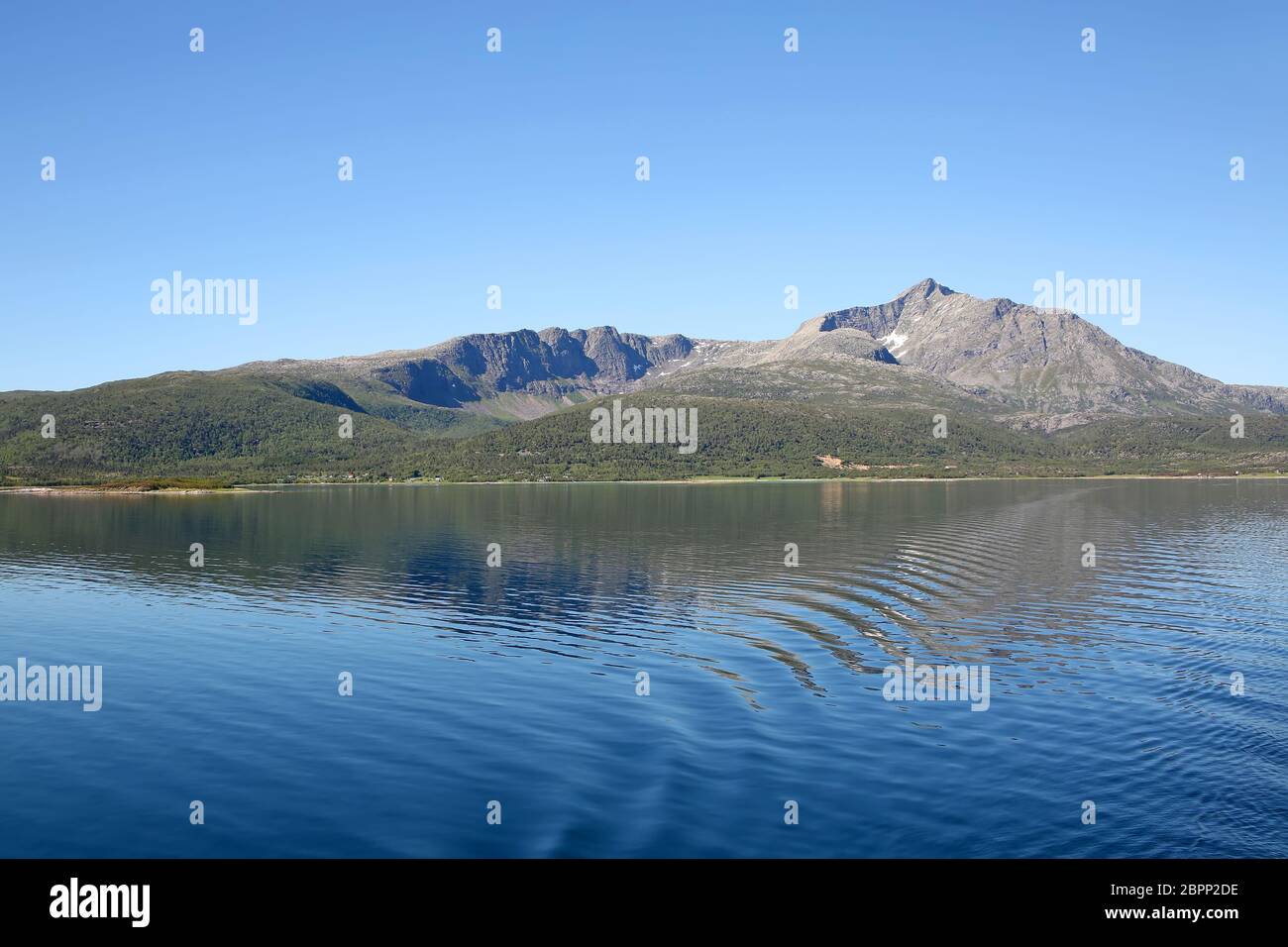 Beautiful scenic landscape of fjords, islands & inside passages; the Andfjorden & Vestfjorden, between Bodo & Hammerfest, Norway. Stock Photo