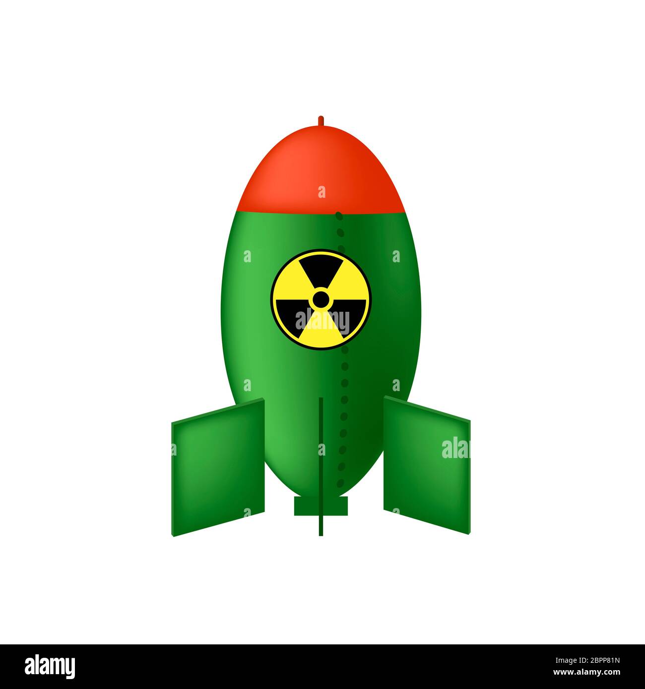 Green Atomic Bomb with Radiation Sign Isolated on White Background. Nuclear Rocket. Stock Photo