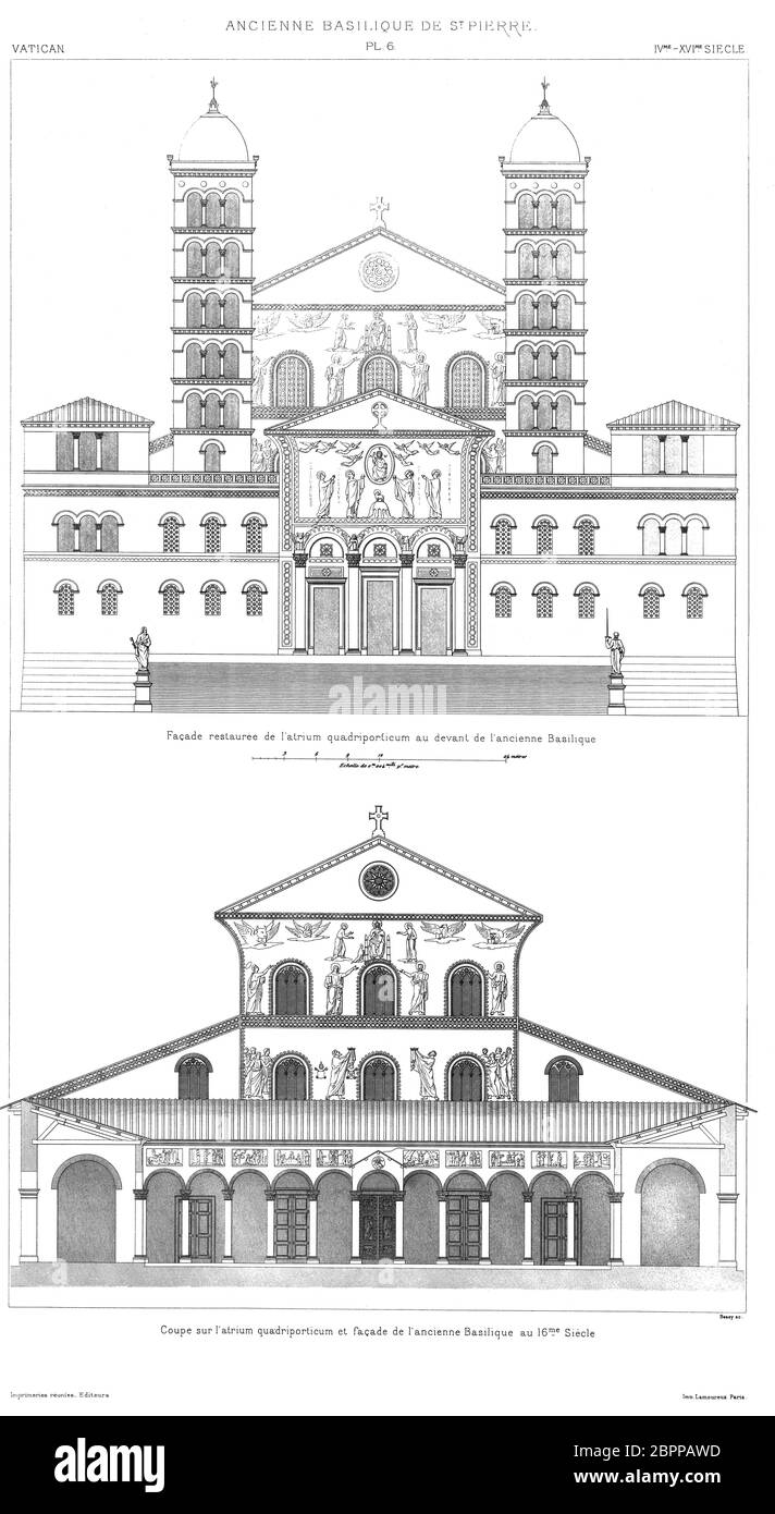 Rome, The Vatican: Restored facade of the Quadriporticum Atrium in front of the former basilica. and Section on the atrium from 4th to 16th century. Stock Photo