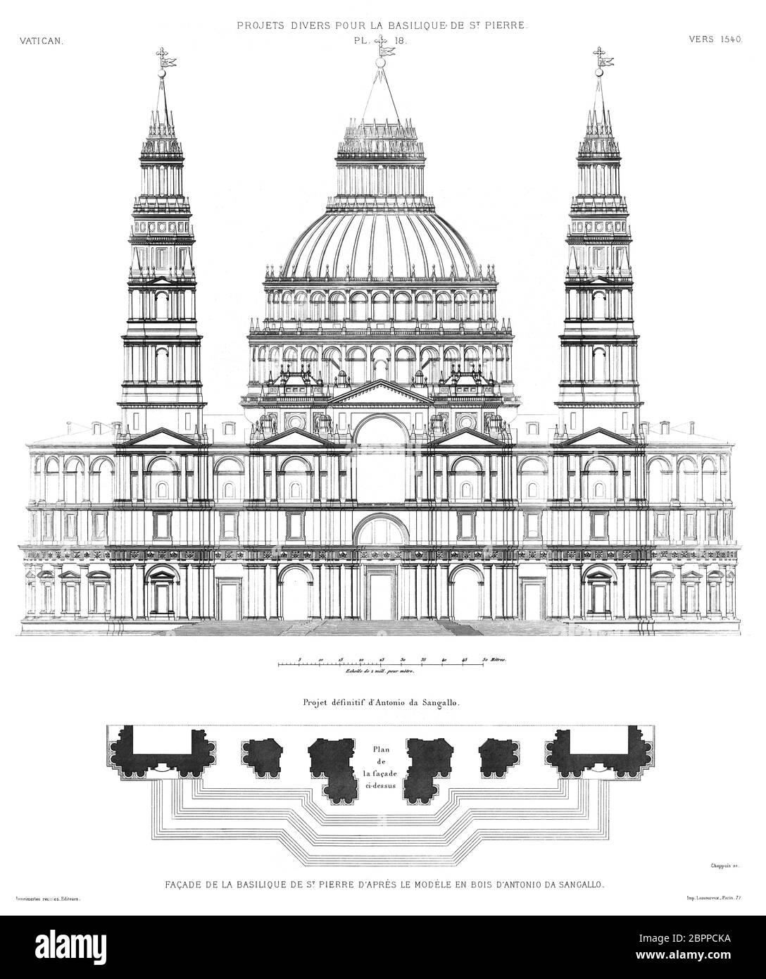 ome, The Vatican: Façade of the Basilica of St. Peter's project by Antonio San Gallo in 1540, from The Vatican 1882. Stock Photo