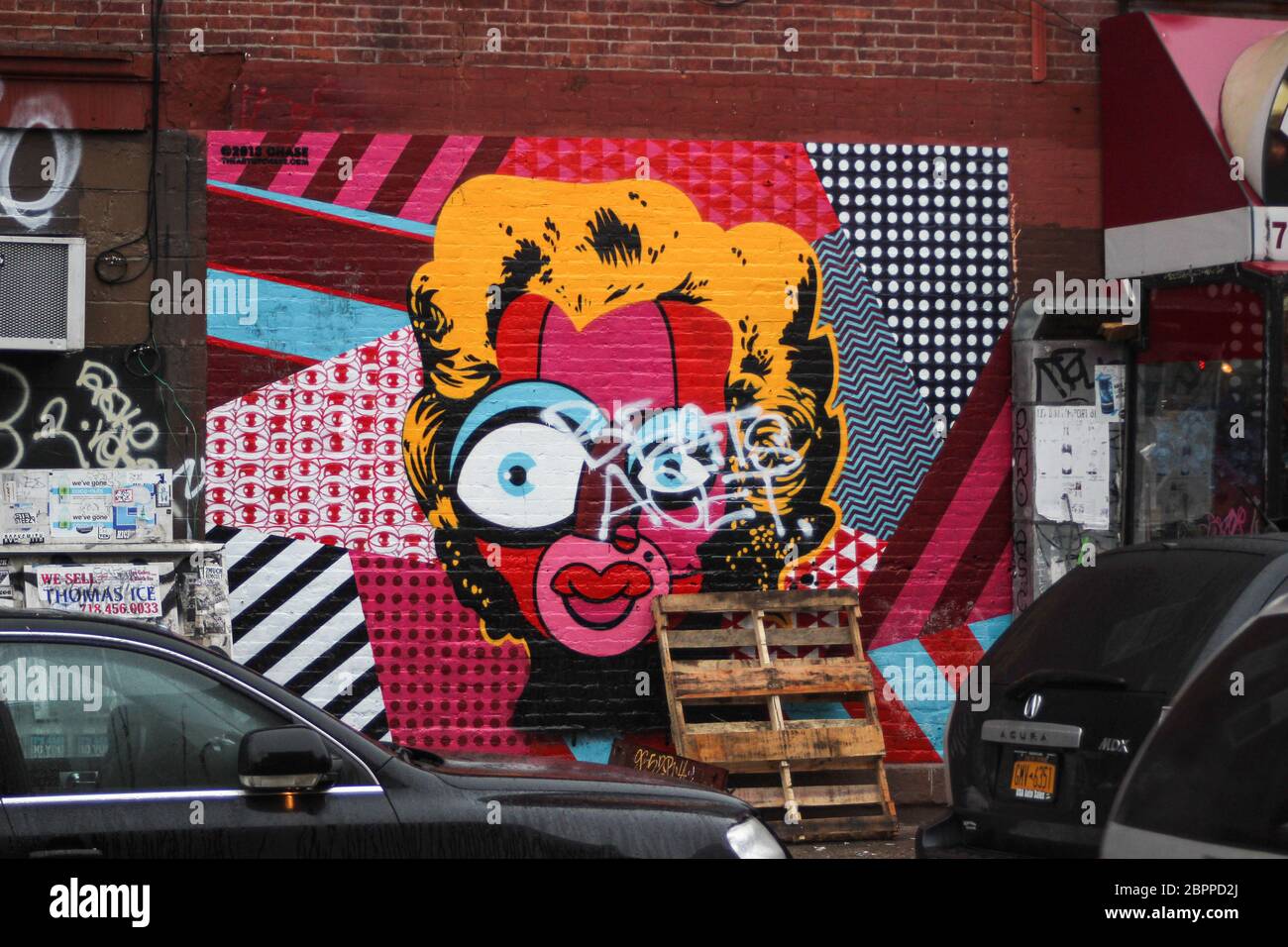 Geezer Monroe, a pop art revision on Marilyn Monroe by The Art of Chase, in Williamsburg district of Brooklyn, New York City, United States of America Stock Photo