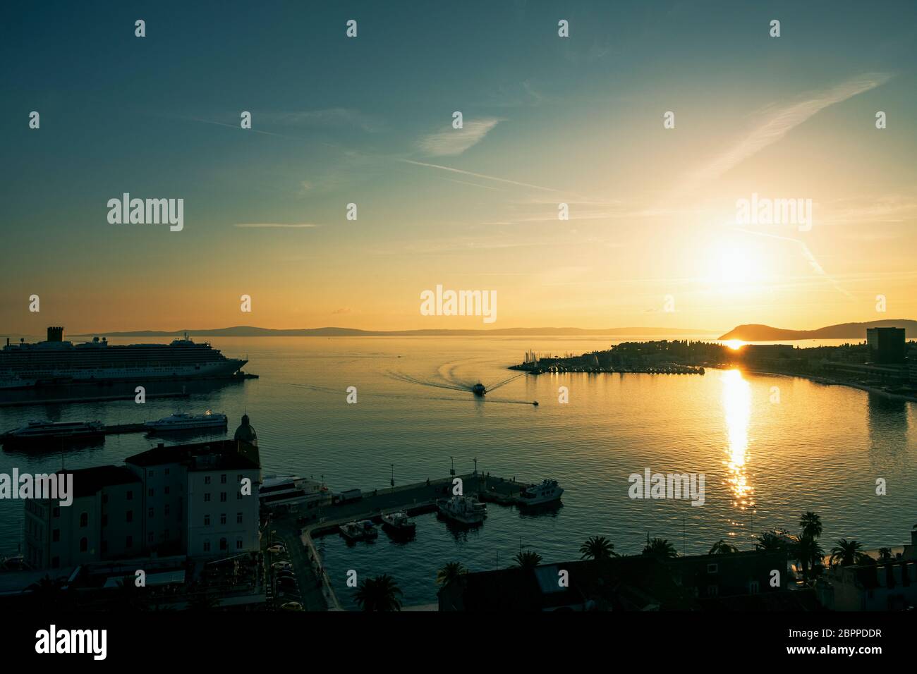 Looking west at sunset from Saint Domnius Bell Tower over Split Harbour, Croatia Stock Photo