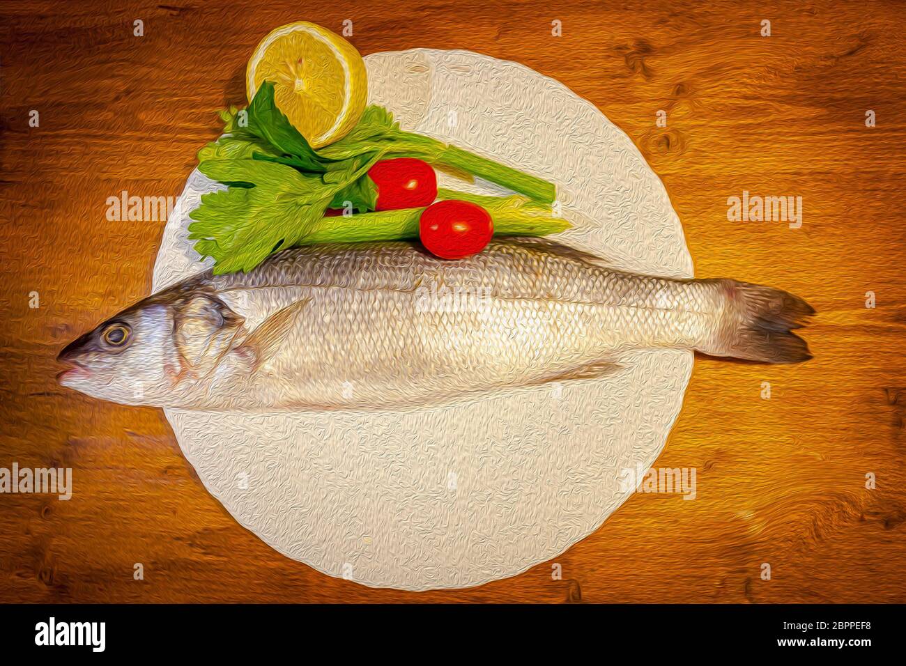 Oil painting effect of dish with sea bass, lemon, celery and tomatoes Stock Photo