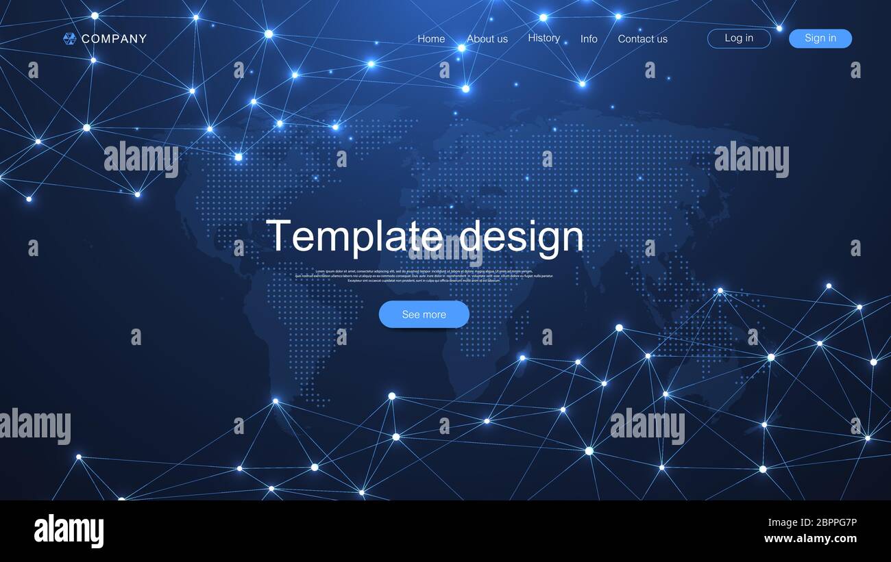 Website template design. Asbtract scientific background with World data connecting network and communications concept with map dots innovation pattern Stock Vector