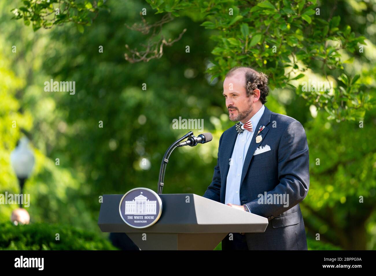 Ben Ross of Brackish Bowties and Mask by Makers of Charleston, South Carolina delivers remarks during the Presidential Recognition Ceremony: Hard Work, Heroism, and Hope in the Rose Garden of the White House May 15, 2020 in Washington, D.C. The event honored front line workers battling the COVID-19, coronavirus pandemic. Stock Photo