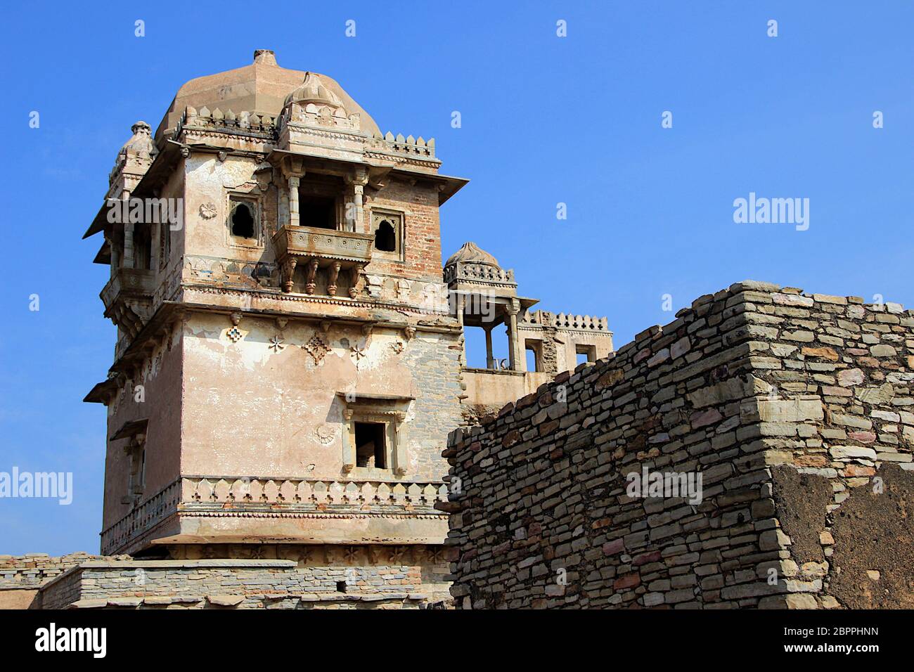 Closer view of upper story and balcony at Kumbh Mahal Palace, Chittorgarh Fort, Rajasthan, India, Asia Stock Photo