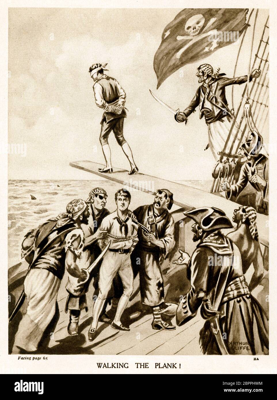 Walking The Plank, boys annual illustration of an adventure on the Spanish Main with Pirates forcing the heroes into the shark infested sea with the Jolly Roger looking on Stock Photo