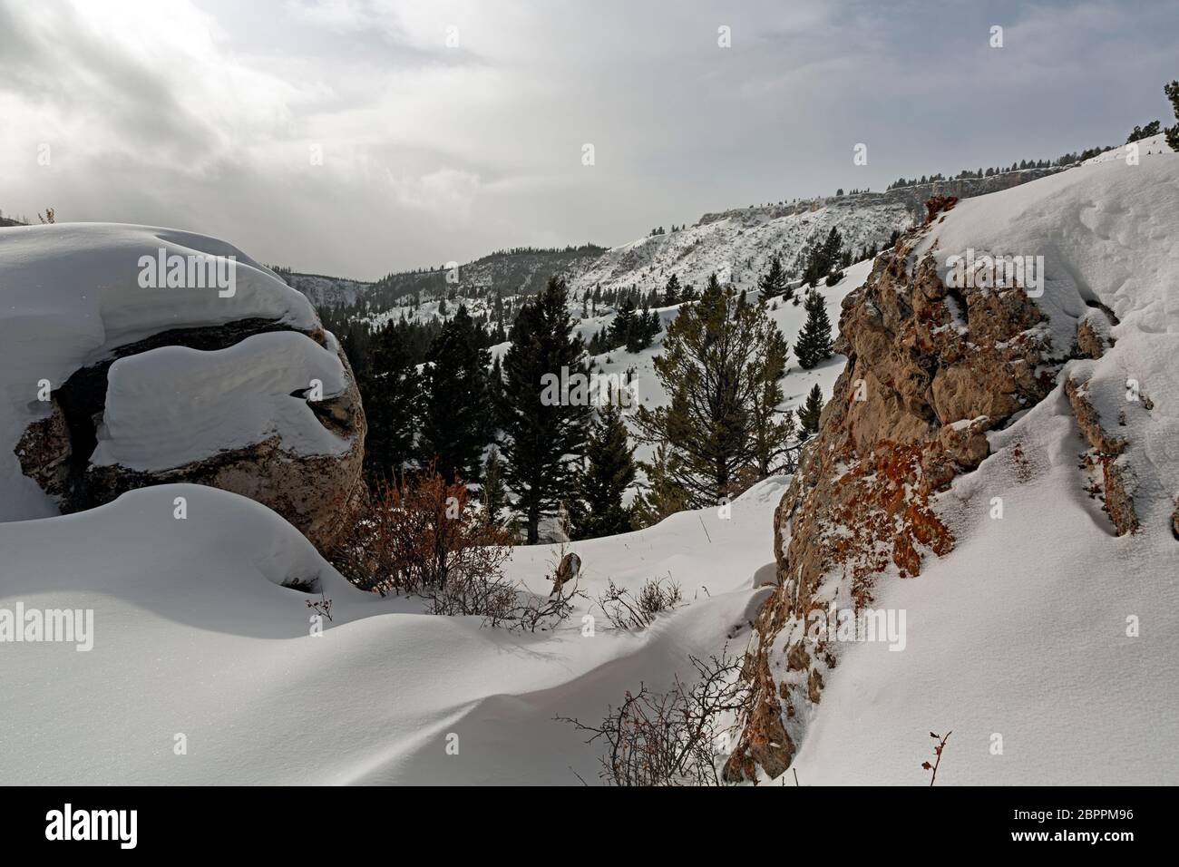 WY04455-00...WYOMING - Snow covered chunks of an old travertine terrace, called The Hoodoos, along the Howard Eaton Trail in Yellowstone National Park Stock Photo