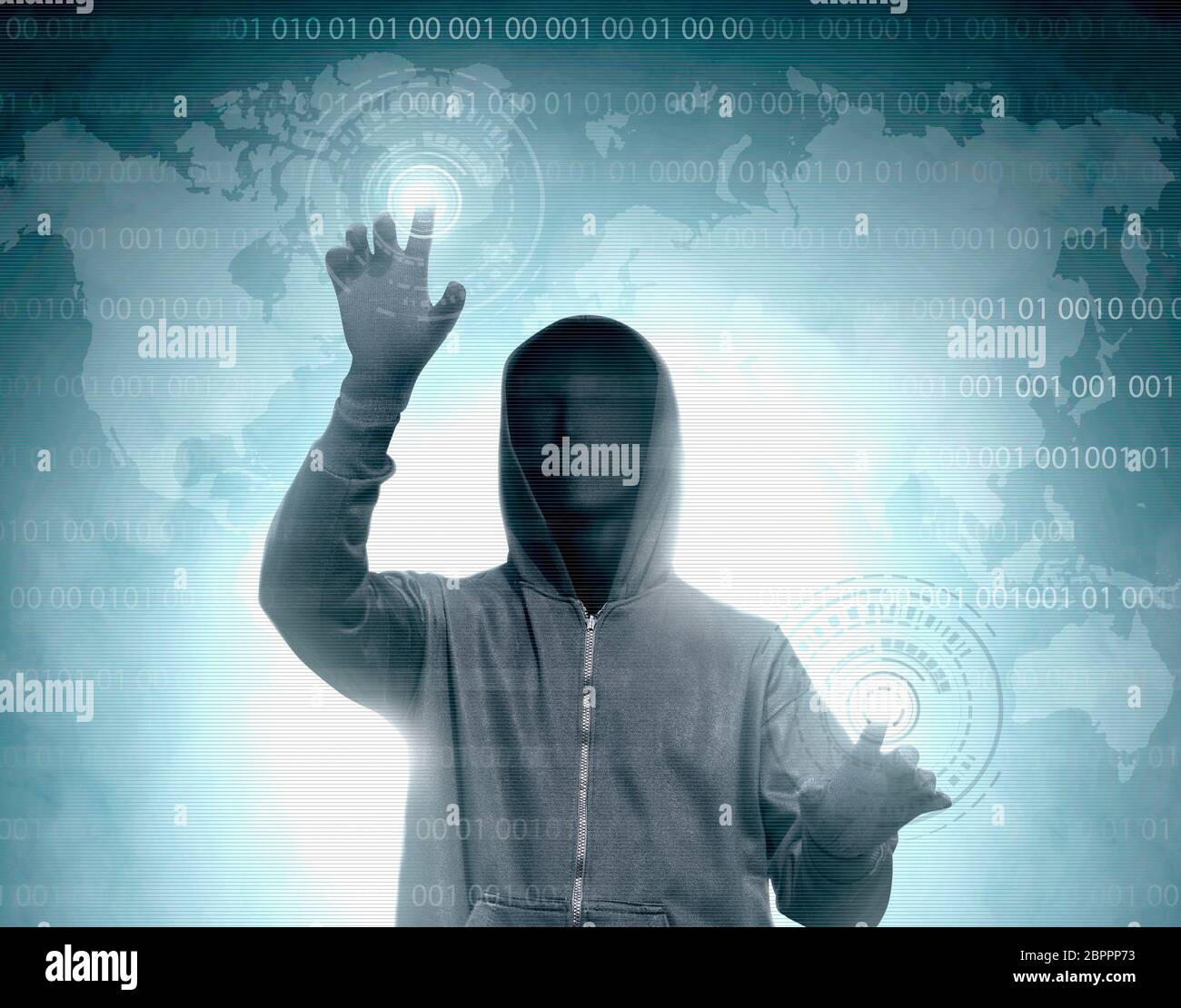 Hacker in black hoodie touching virtual screen with binary code and world map background Stock Photo