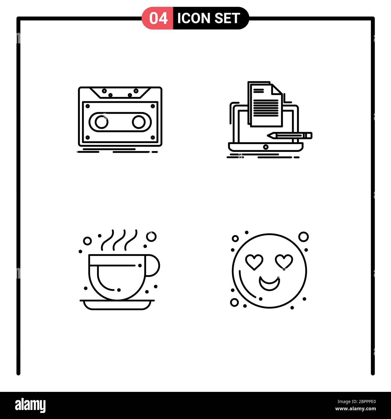 4 Universal Line Signs Symbols of cassette, paper, tape, coding, coffee