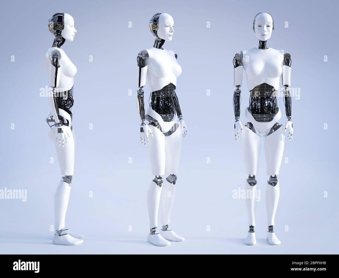 Female Robot Standing A View Of It From Three Different Angles D