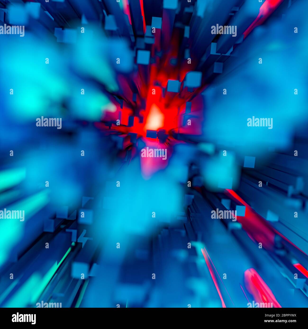 Fiery explosion or blast concept with rectangular dark blue rods on a bright flame colored orange radiating background in square format. Light flow en Stock Photo