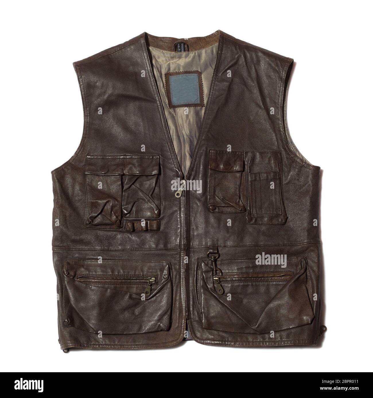 Brown leather hunter vest on white background Stock Photo Alamy